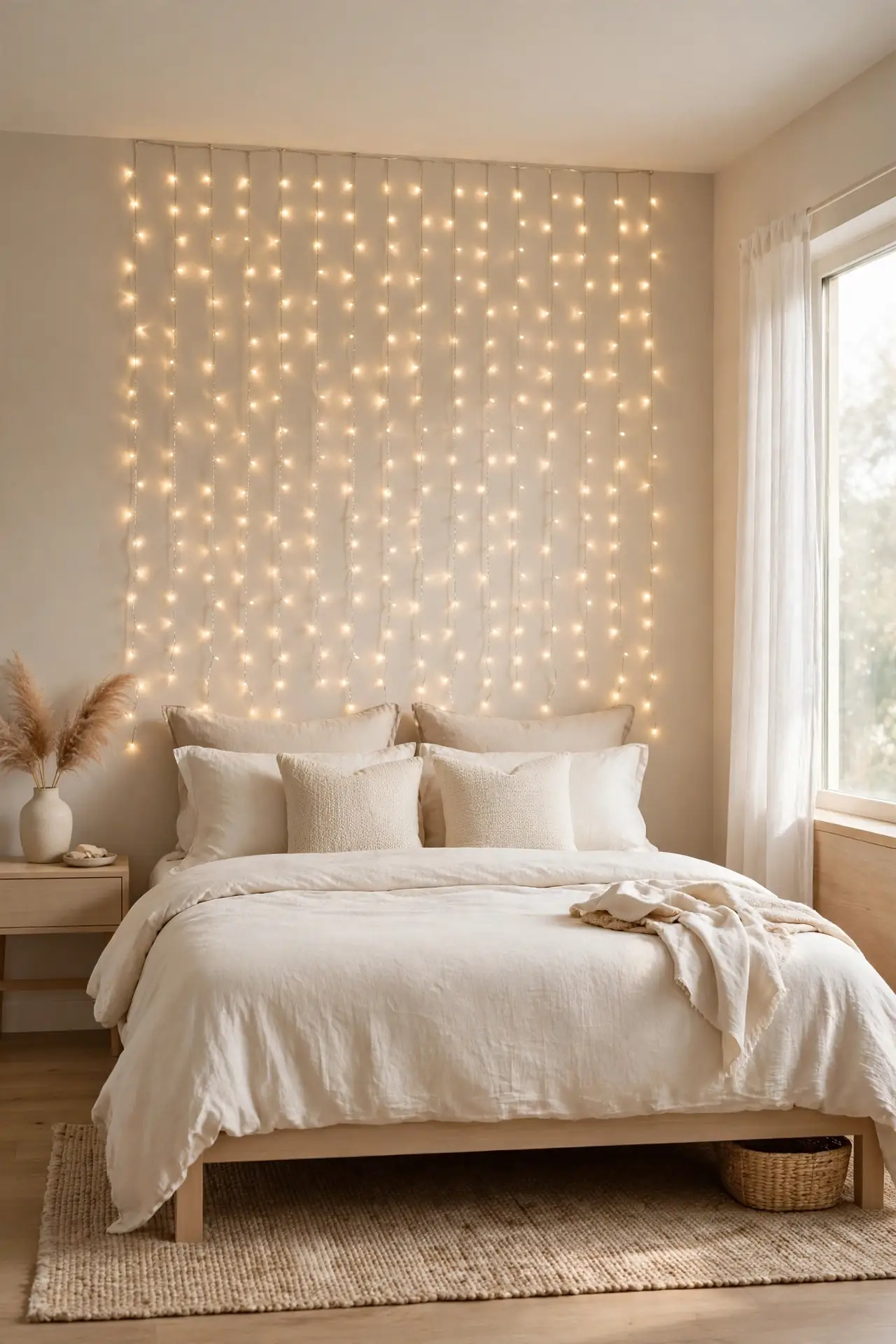 String Light Curtain - renter friendly bedroom accent wall ideas