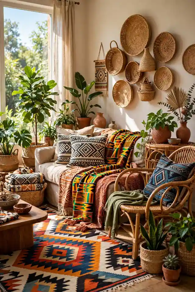 Charming afrobohemian home decor with patterned textiles