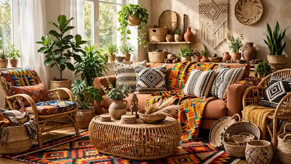 afrobohemian home decor with patterned textiles