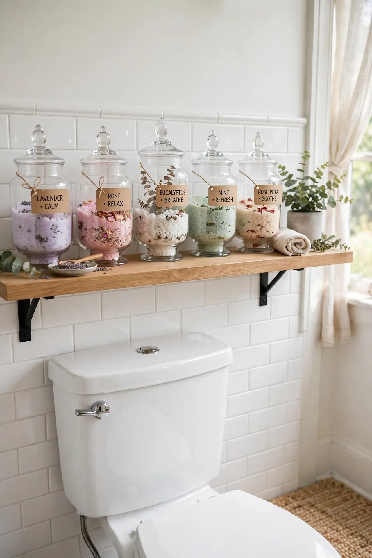 Apothecary Jar Row for bathroom shelf decor above toilet