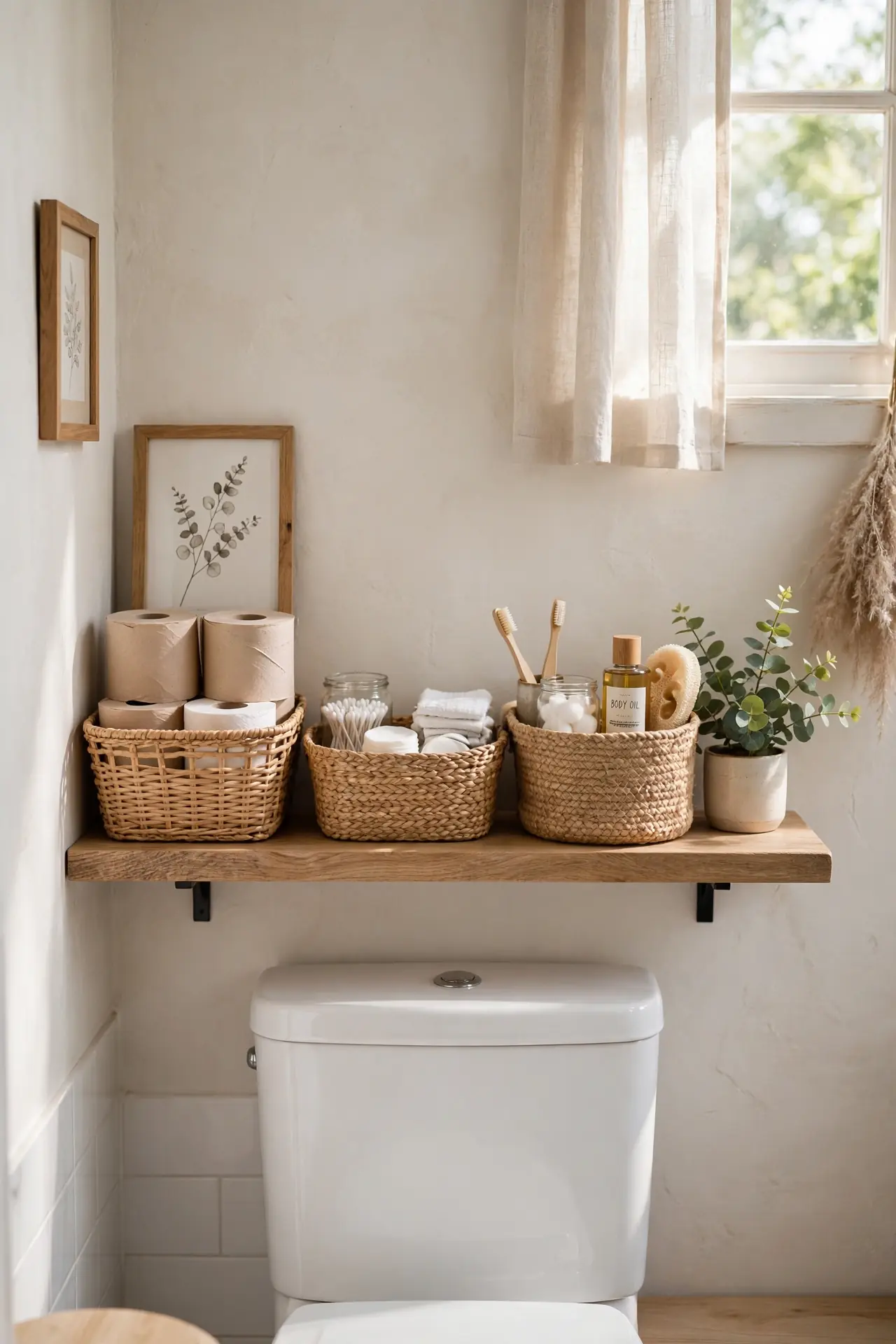 Woven Basket Storage - Bathroom Shelf Decor Above Toilet