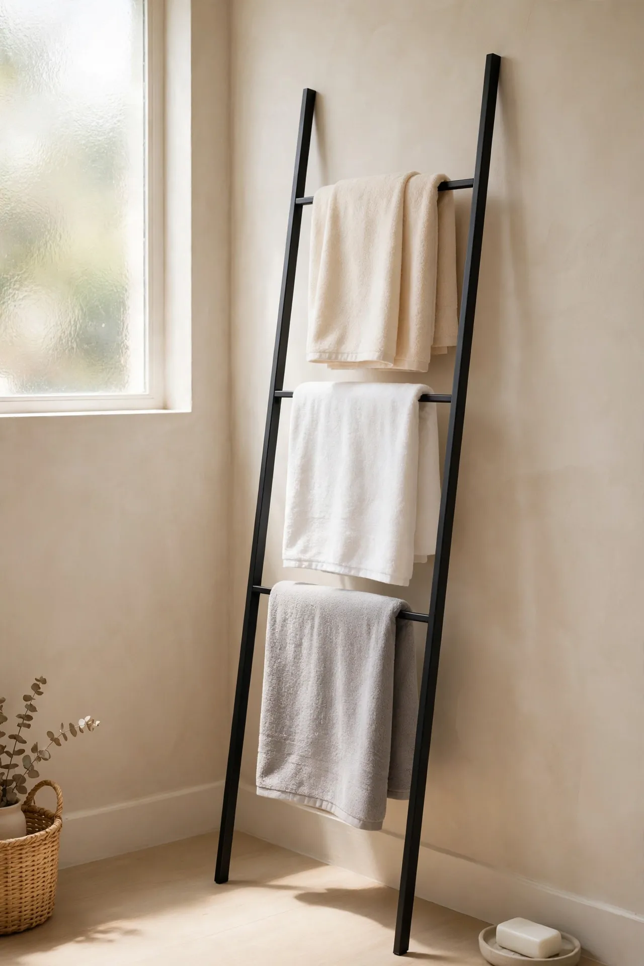 Leaning Towel Rack for bathroom towel storage ideas for small spaces