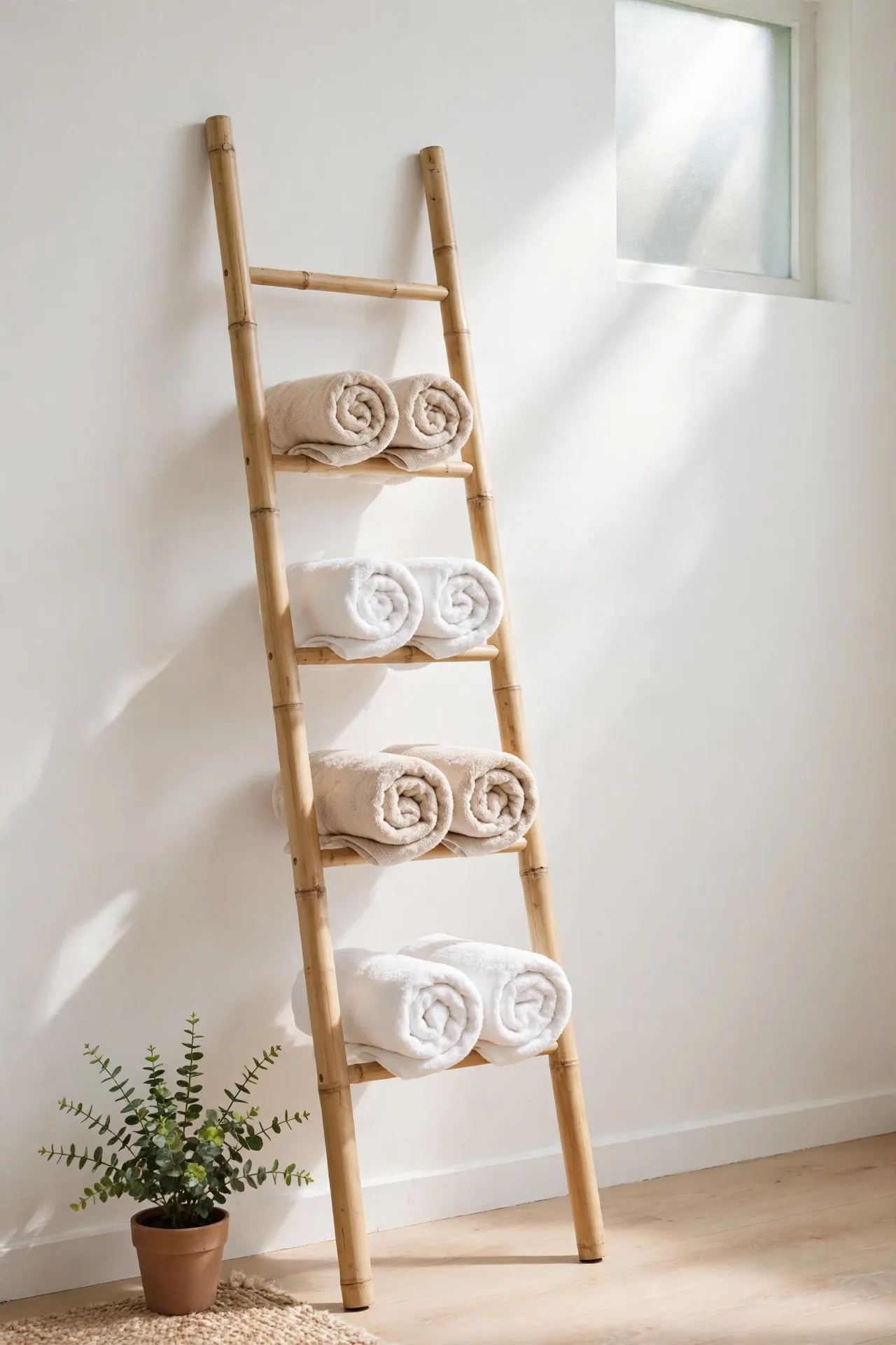 Rolled Towel Ladder for bathroom towel storage ideas for small spaces