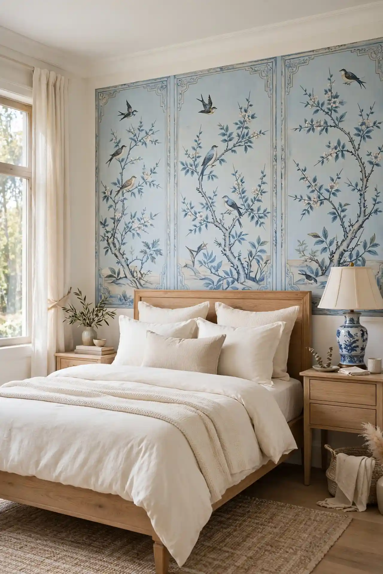 Chinoiserie Panel Beauty for bedroom accent wall ideas with wallpaper