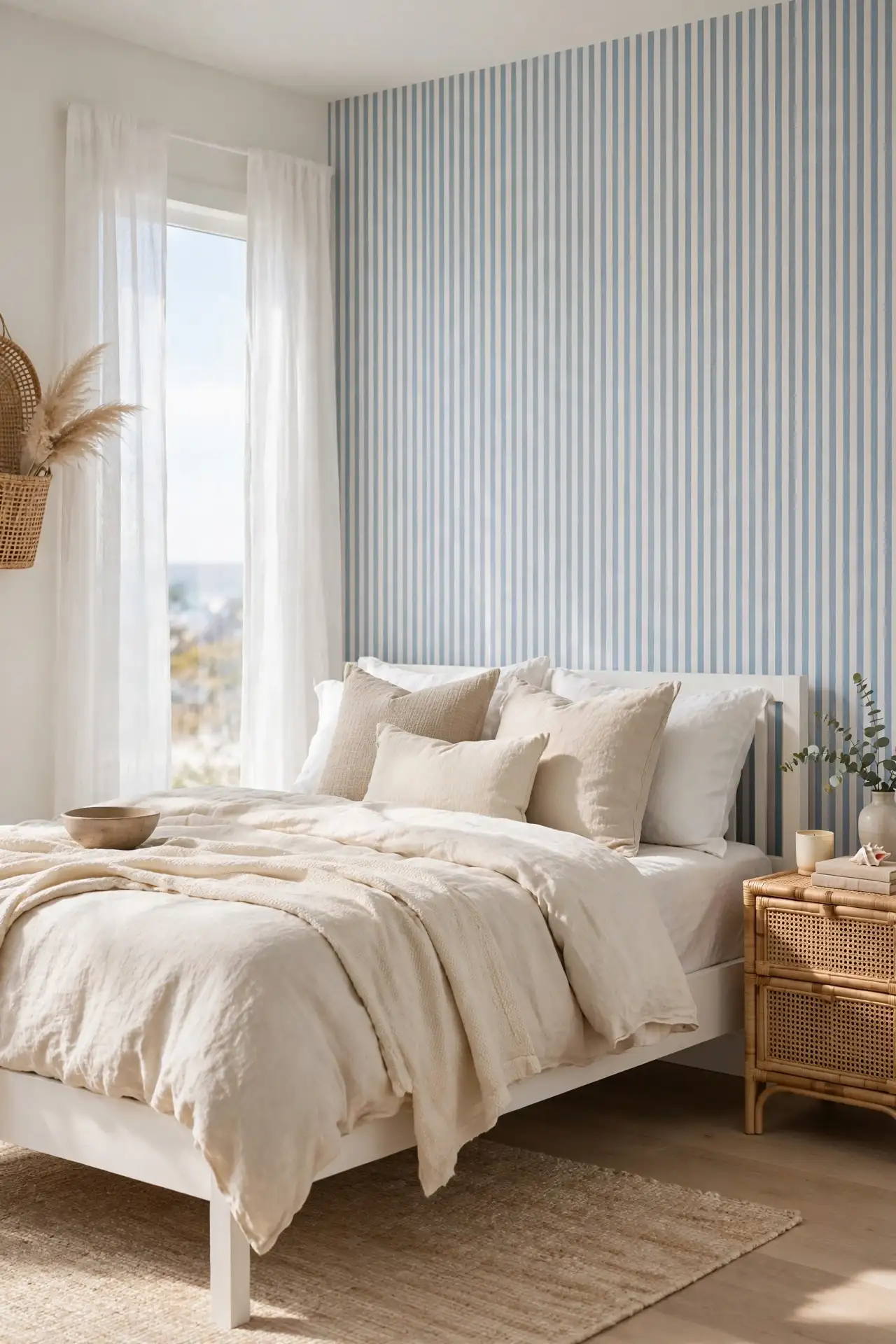 Coastal Stripe Calm for bedroom accent wall ideas with wallpaper