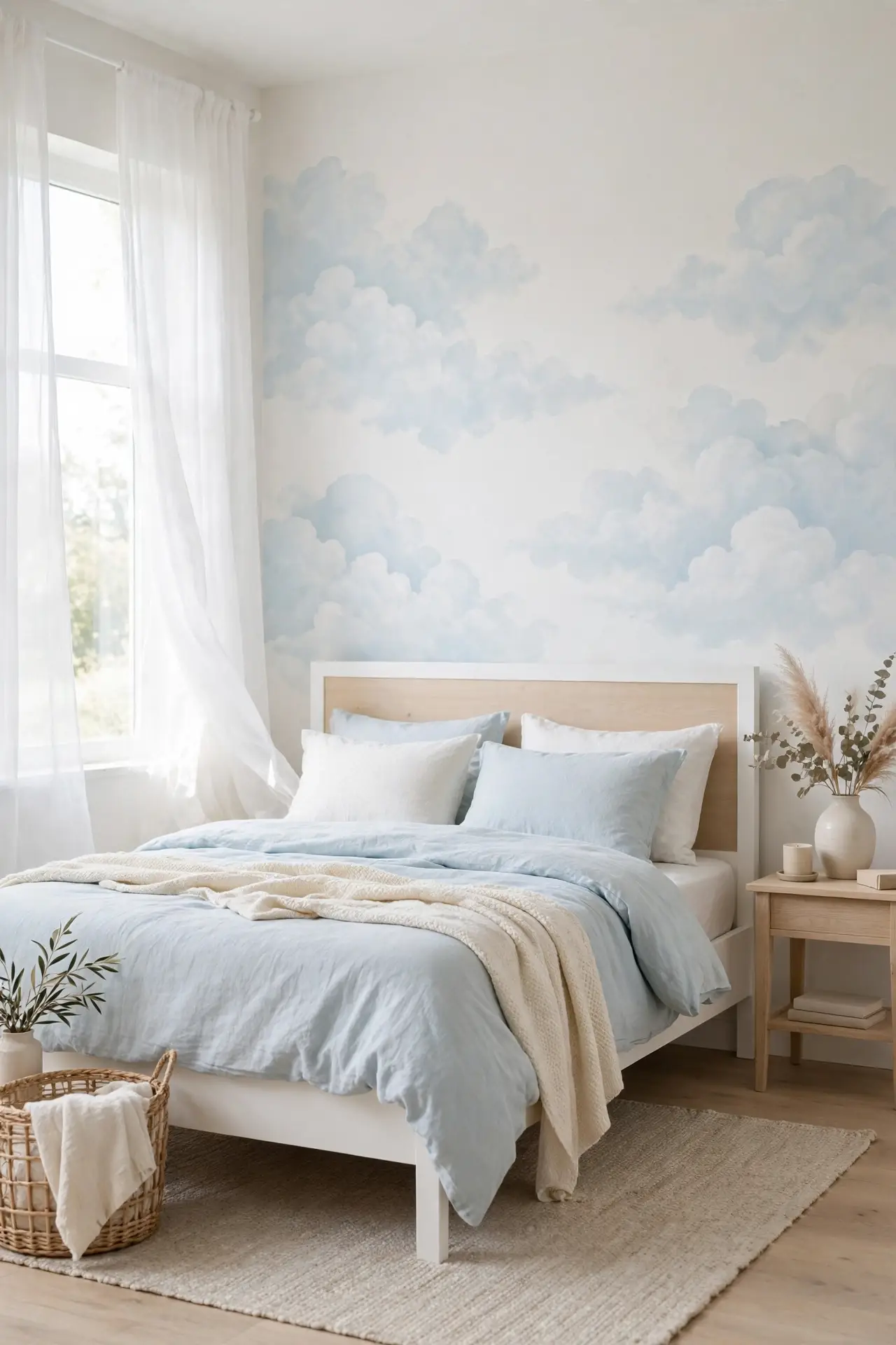 bedroom accent wall ideas with wallpaper with dreamy cloud mural