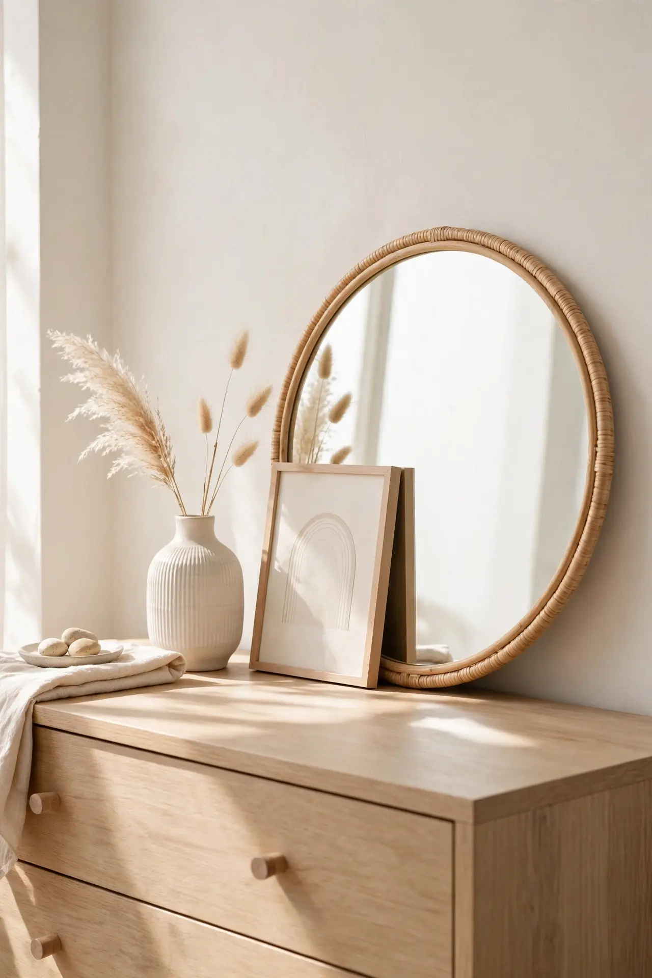Framed Art Lean for bedroom dresser styling ideas with mirrors