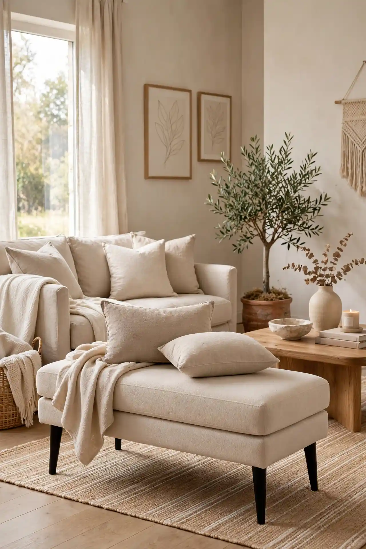 Beige Upholstered Bench