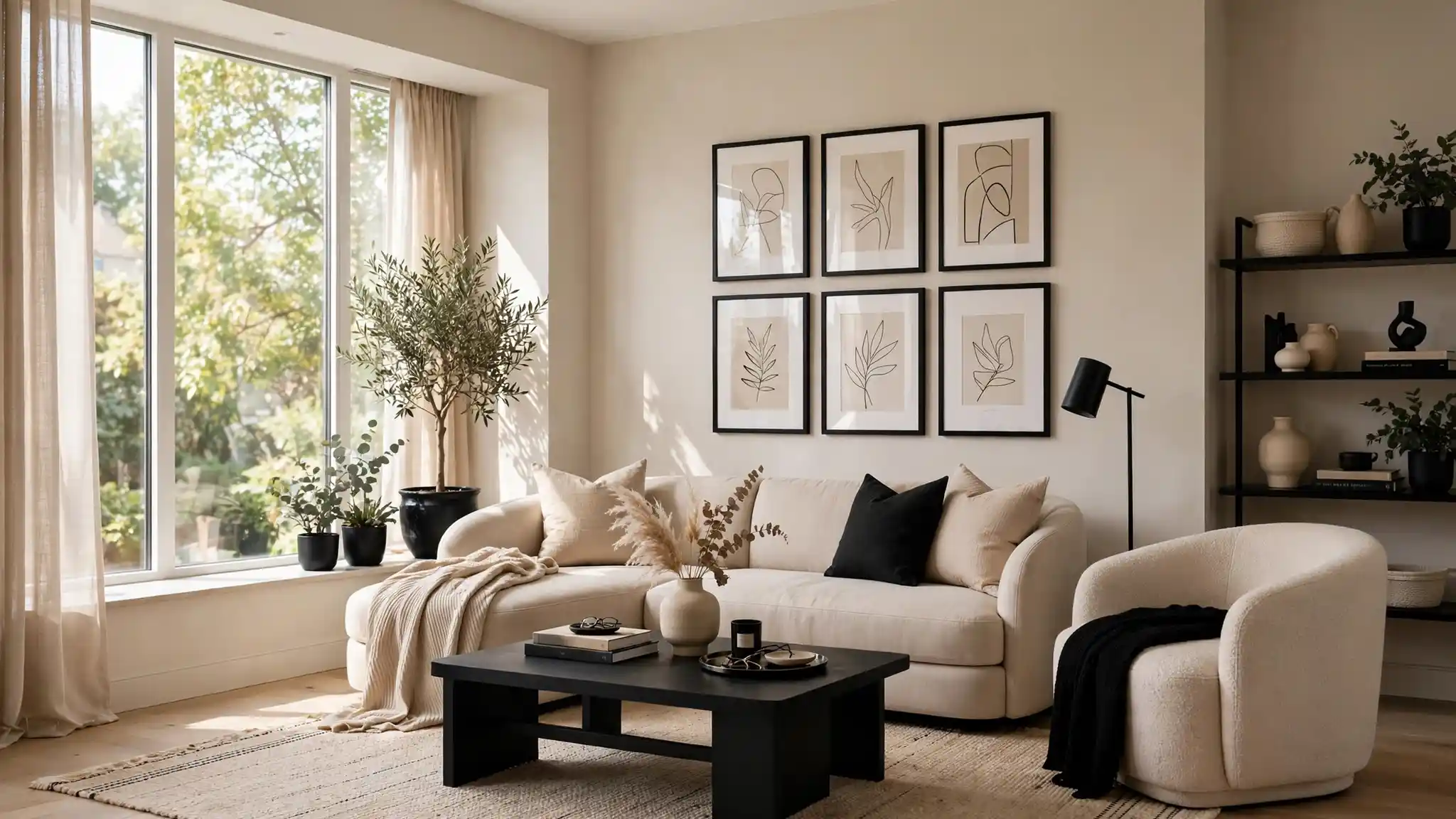 beige living room decor with black accents