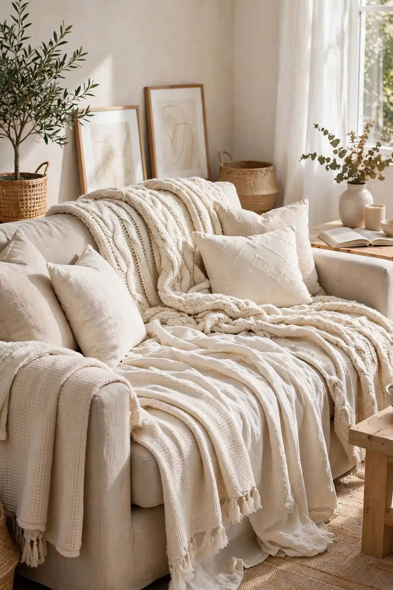 Layered Beige Throws - Beige Living Room Decor With Black Accents