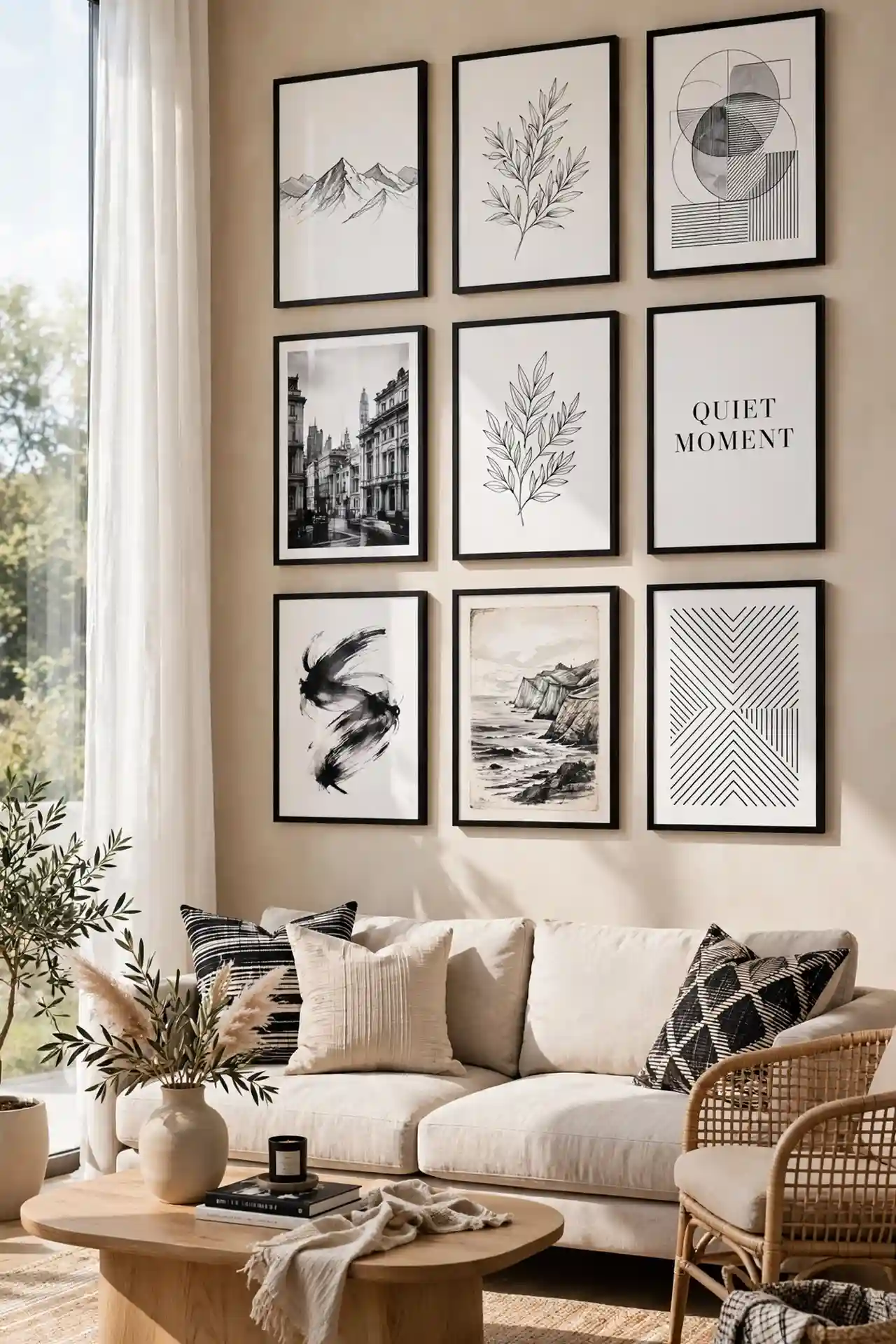 Monochrome Art Mix for beige living room decor with black accents