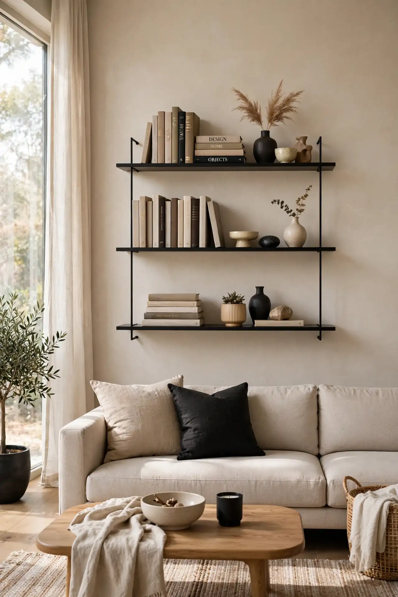 Slim Black Shelving for beige living room decor with black accents