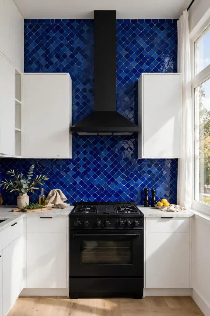 Bold blue zellige tile kitchen backsplash ideas