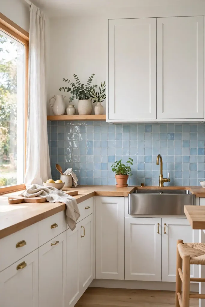 Soft blue zellige tile kitchen backsplash ideas