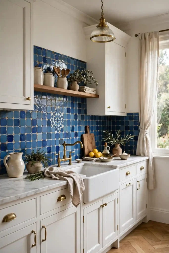 Timeless blue zellige tile kitchen backsplash ideas