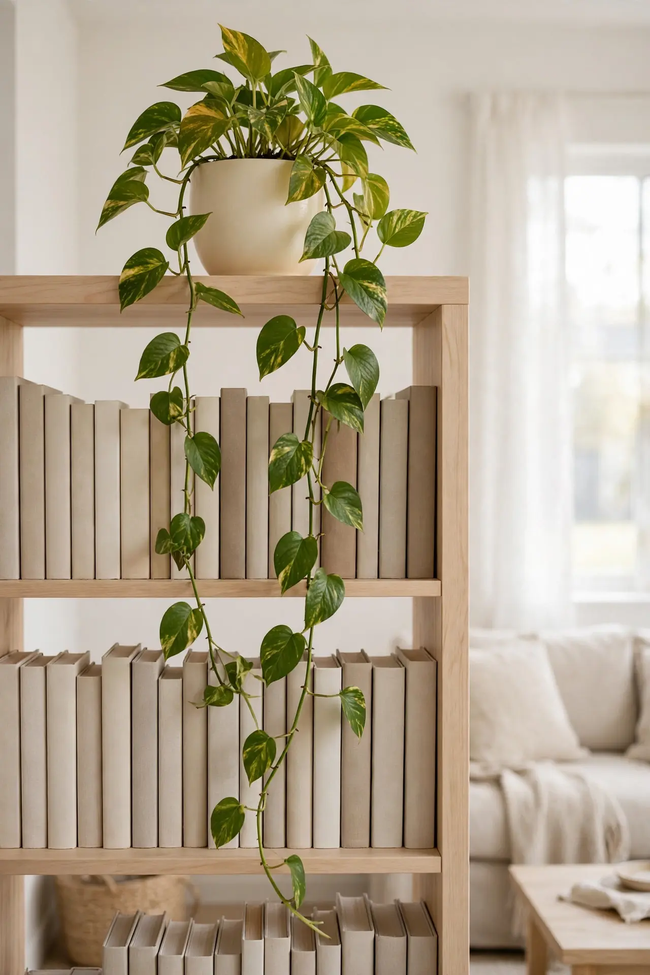 Trailing Pothos Cascade for bookshelf styling ideas with plants