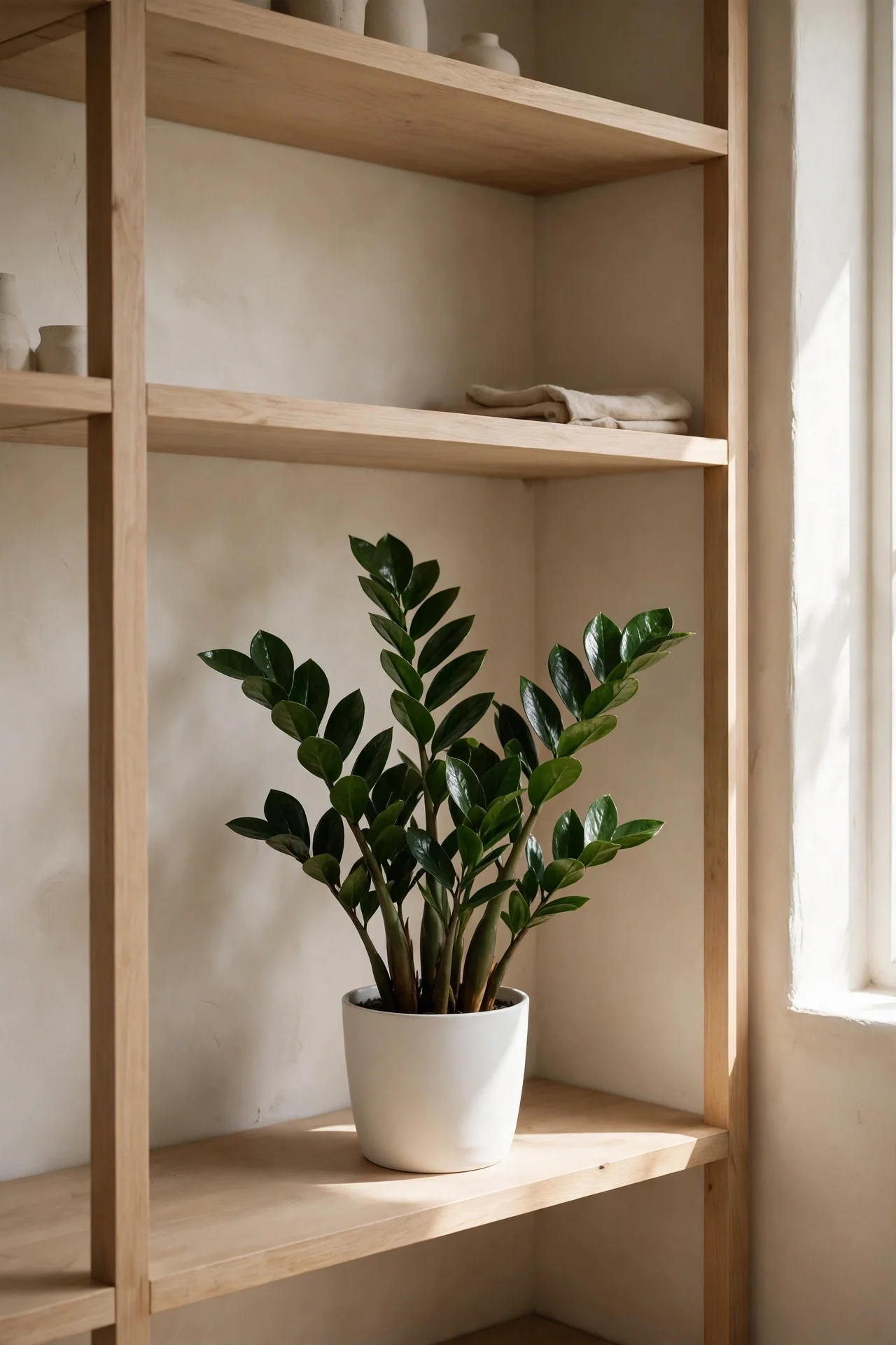 ZZ Plant Ease for bookshelf styling ideas with plants
