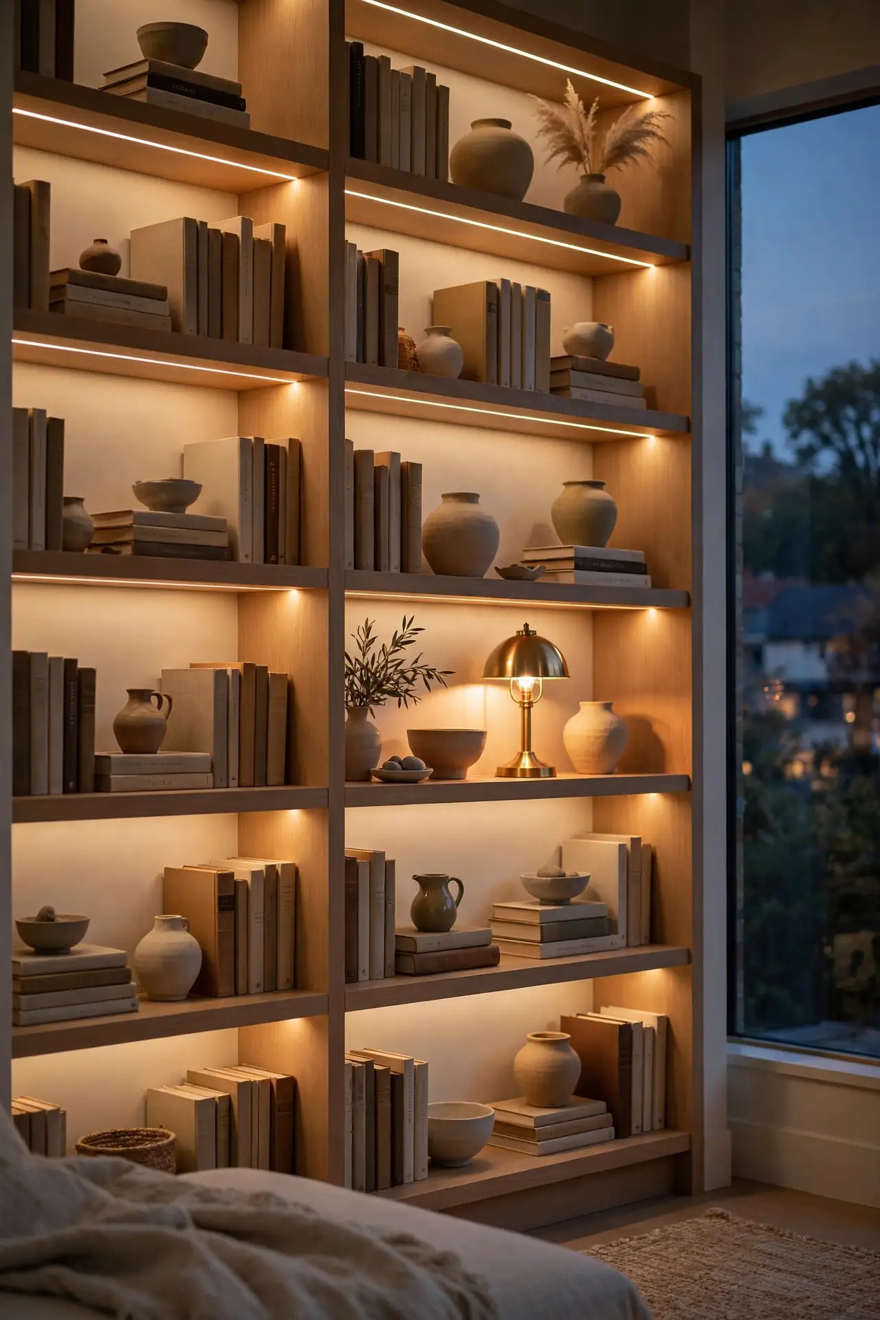 Soft Evening Glow for built in bookshelf styling ideas for living rooms