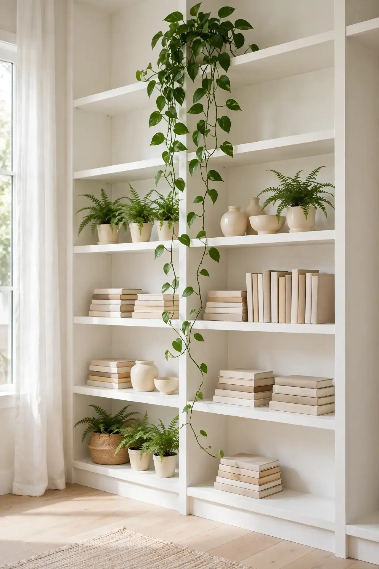Trailing Green Plants for built in bookshelf styling ideas for living rooms