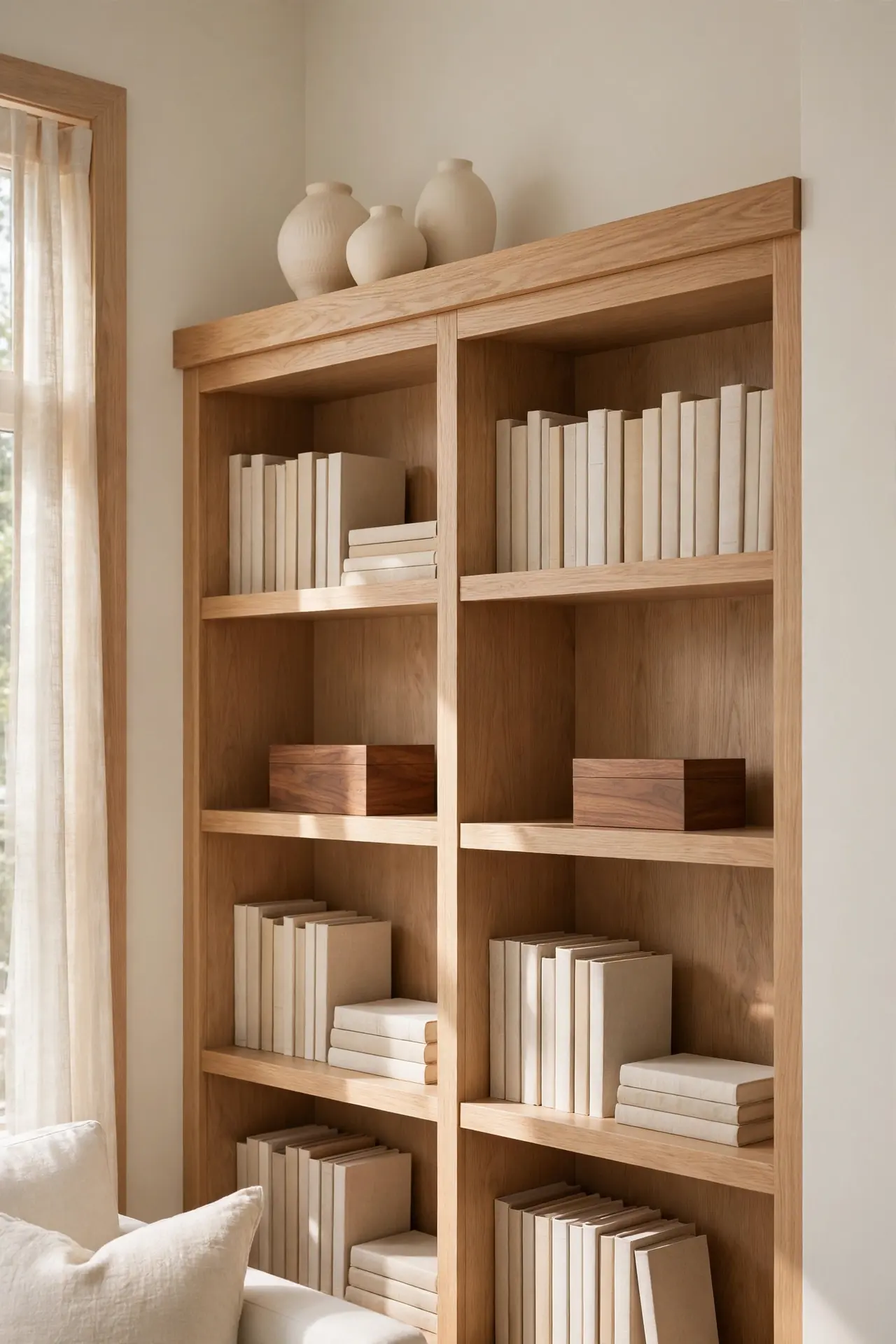 Warm Wood Layers for built in bookshelf styling ideas for living rooms