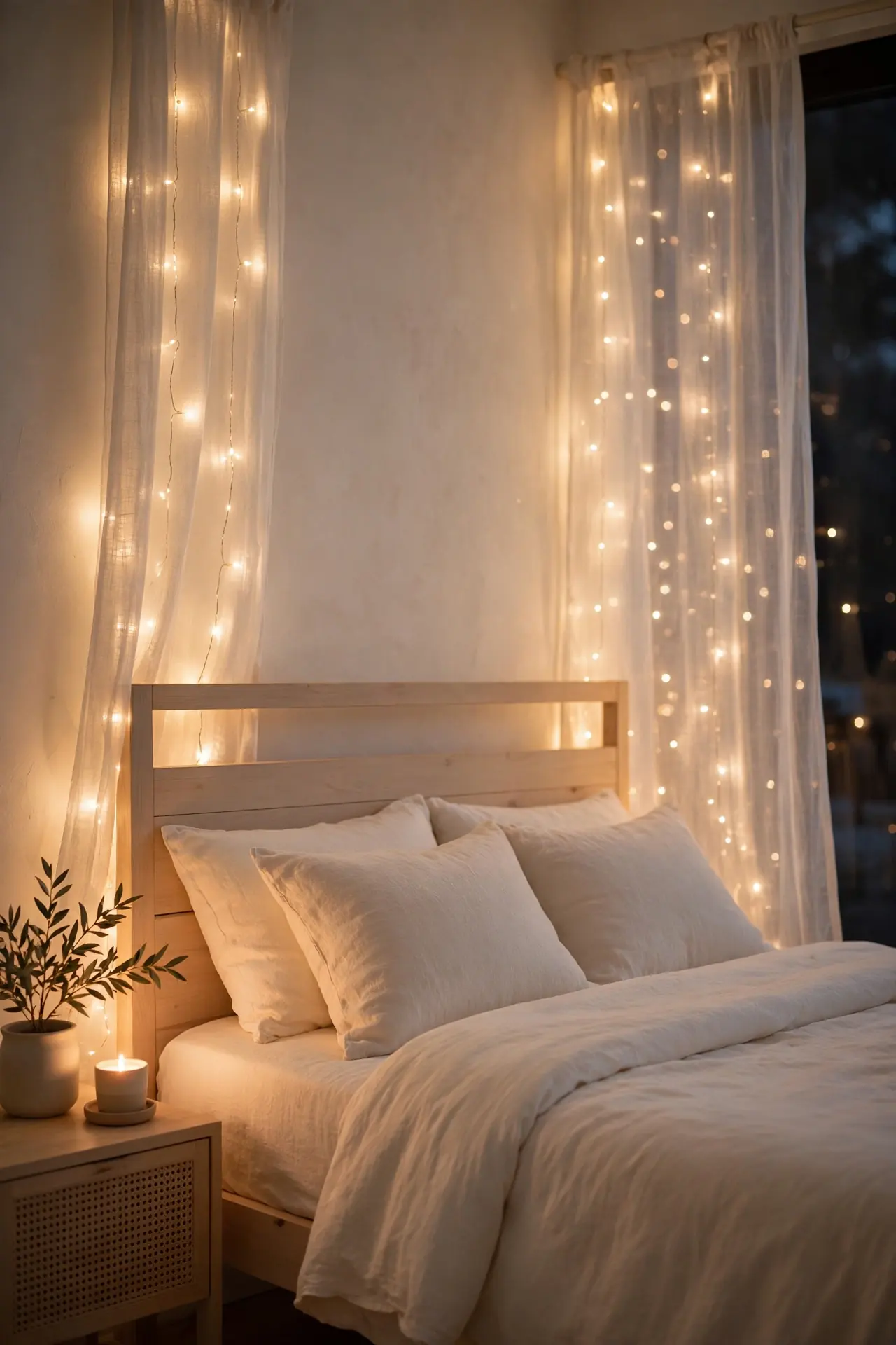 Twinkle Light Canopy for christmas bedroom decor ideas with cozy bedding