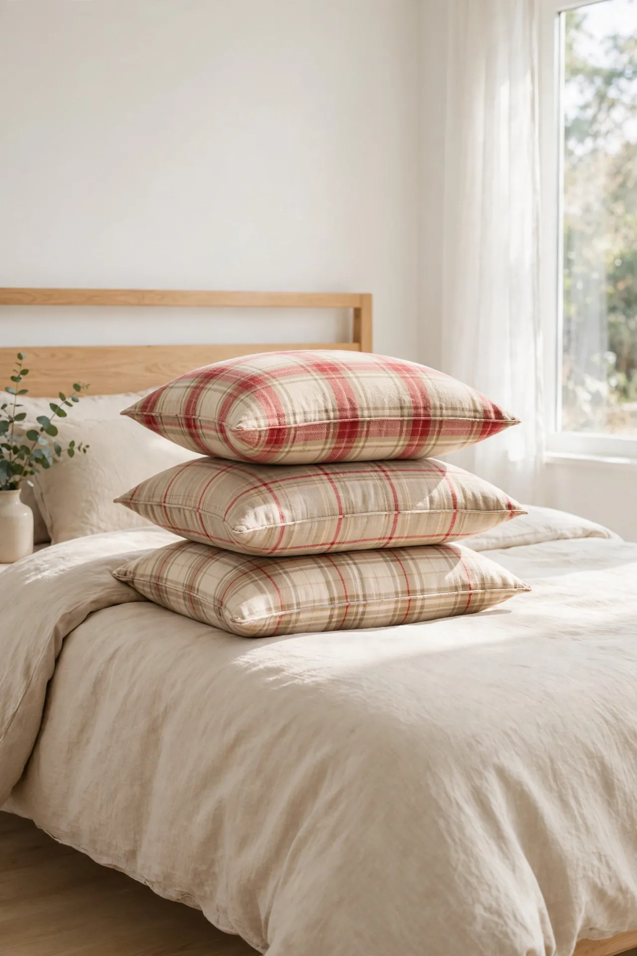 Plaid Throw Pillow Stack