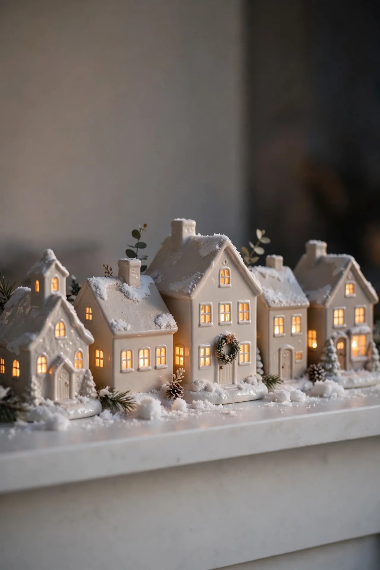 Ceramic Village Houses for christmas fireplace mantel decor ideas