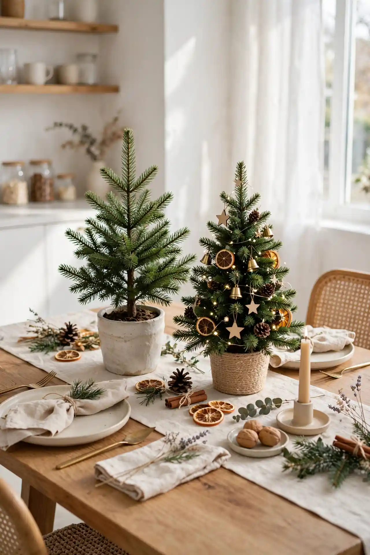 Small Potted Pine with christmas table centerpiece ideas for small spaces