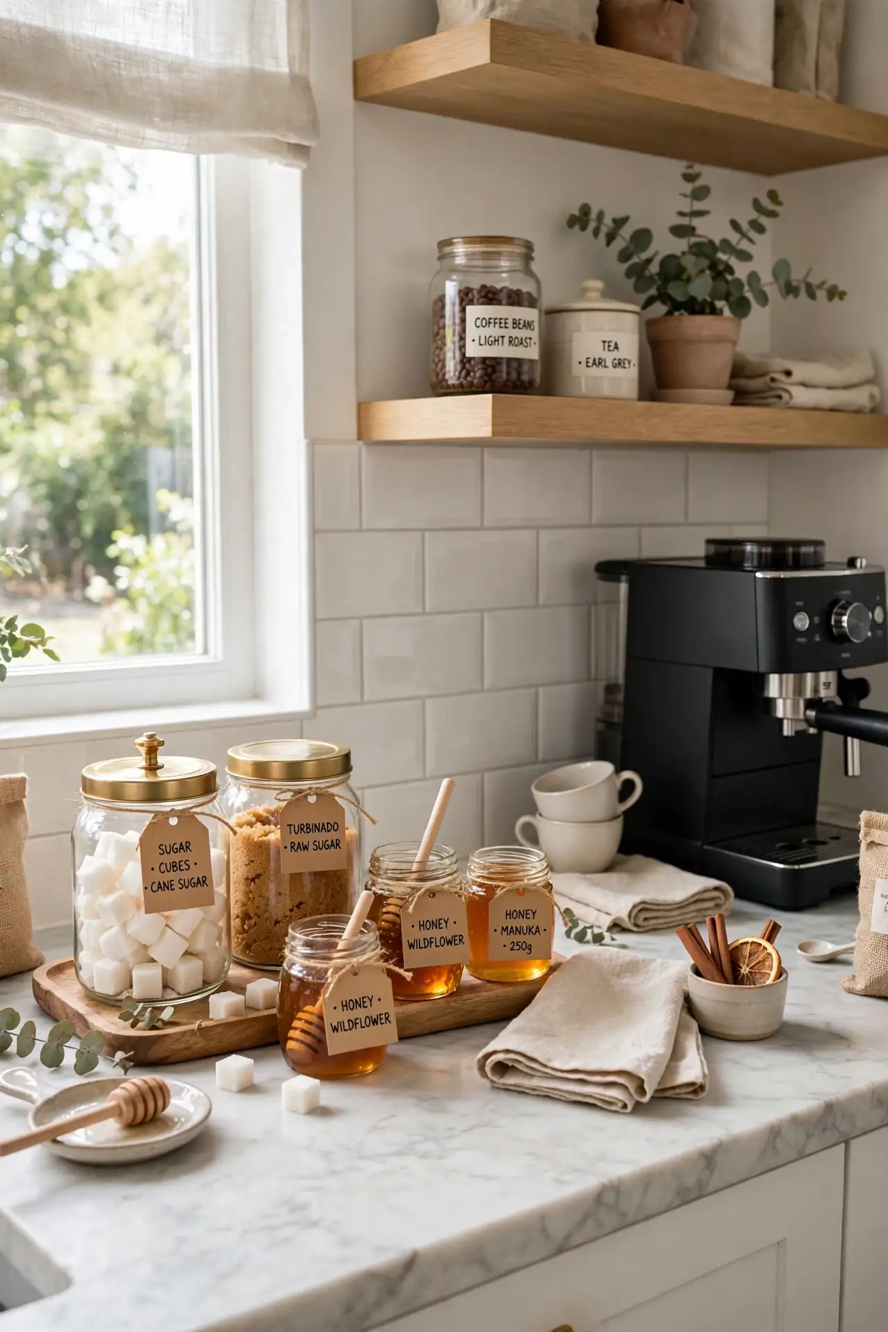 Sweetener Display for coffee bar ideas for kitchen counter