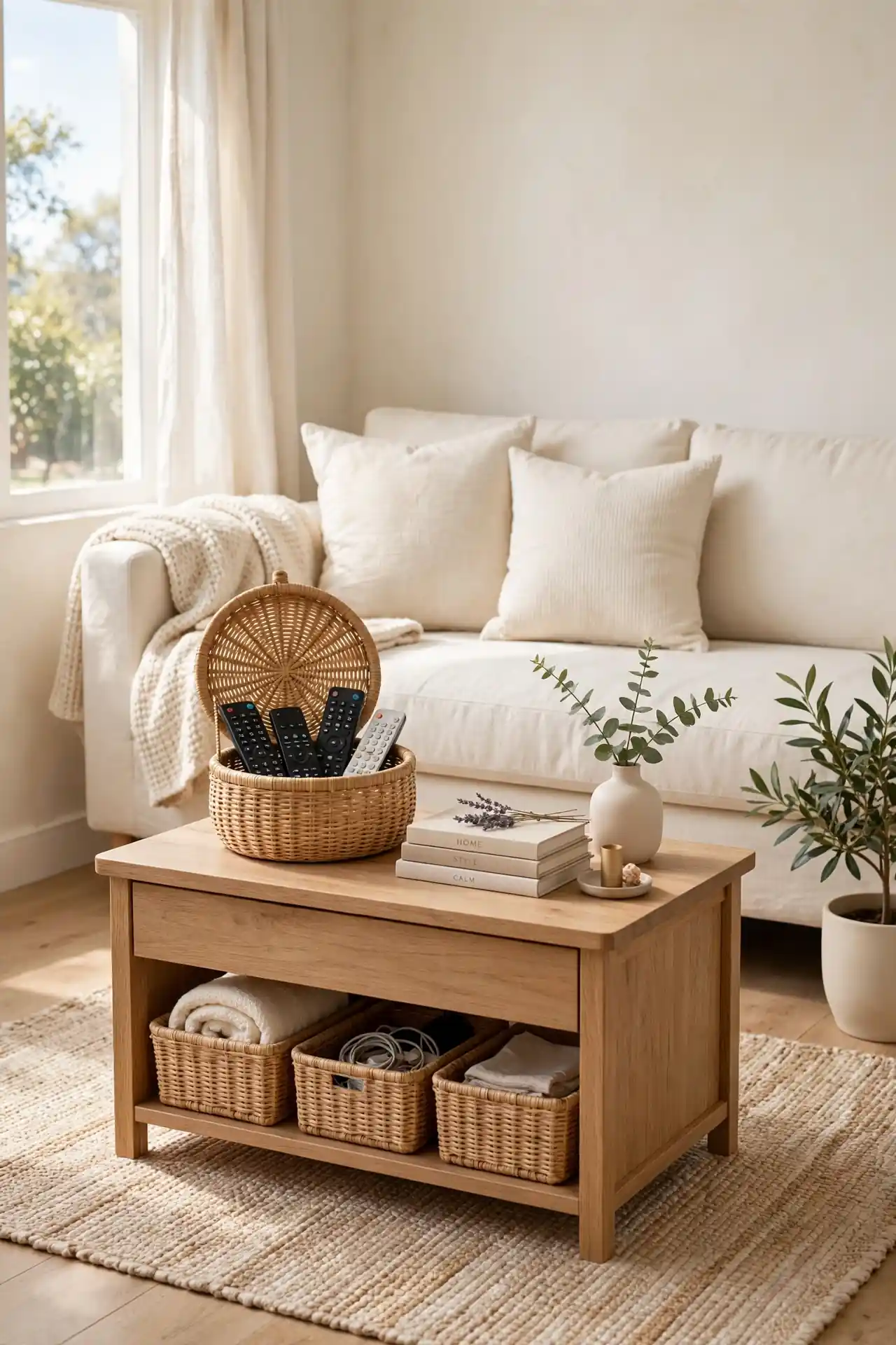 Woven Basket Storage - Coffee Table Decor Ideas for Small Living Rooms