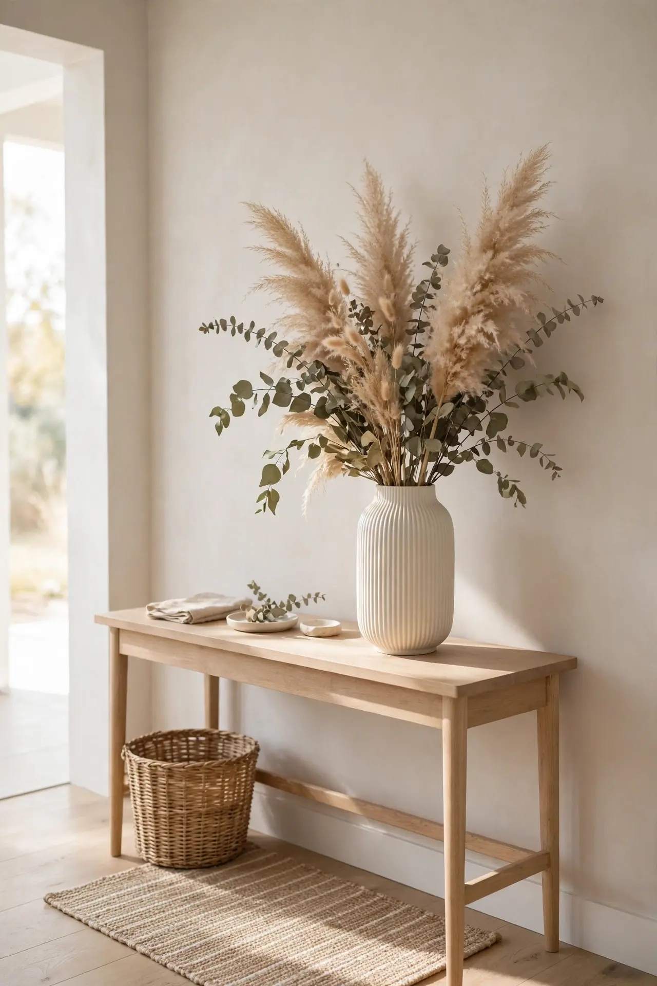 console table decor ideas for entryway with dried floral stems