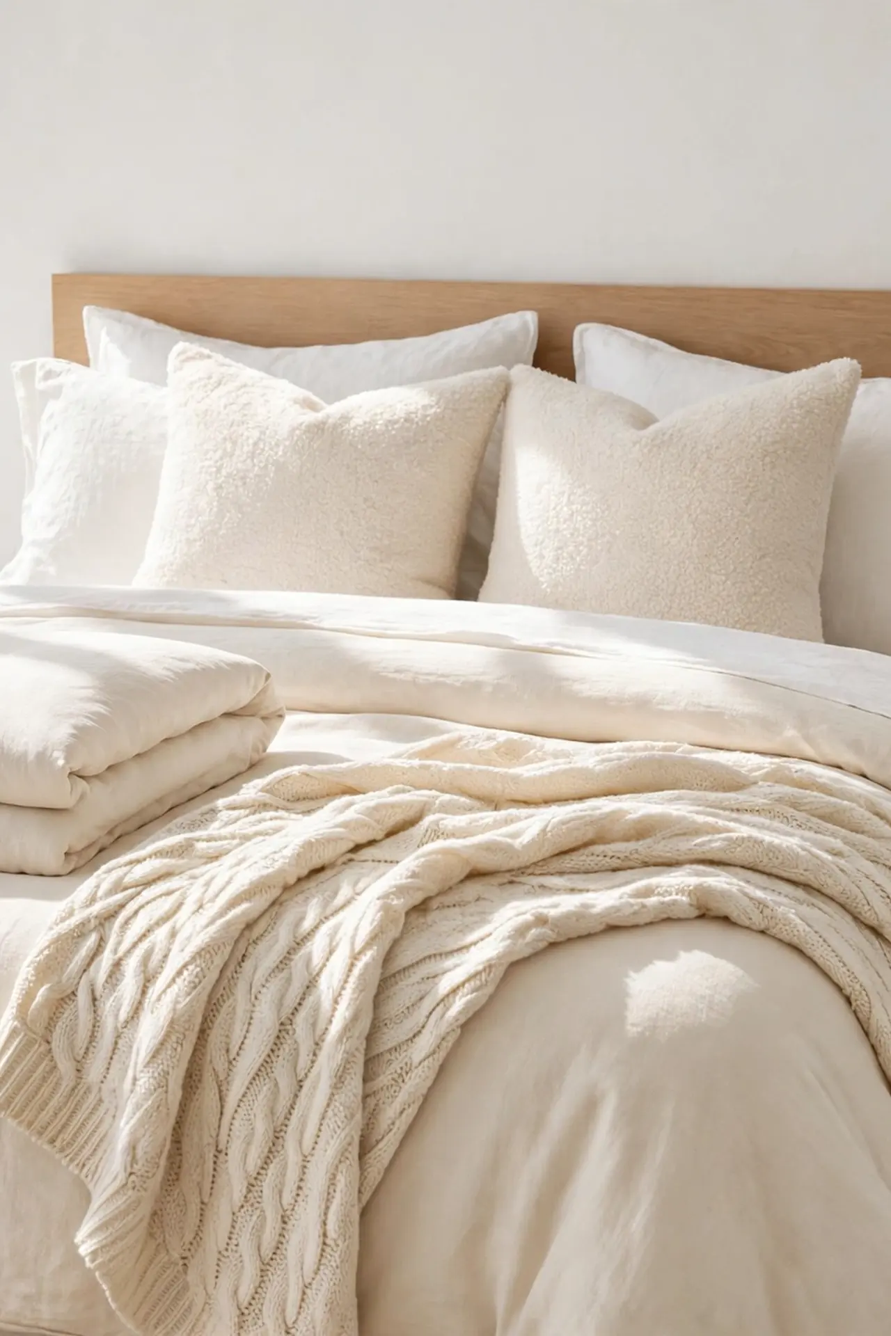 Cream cozy guest bedroom ideas with layered bedding