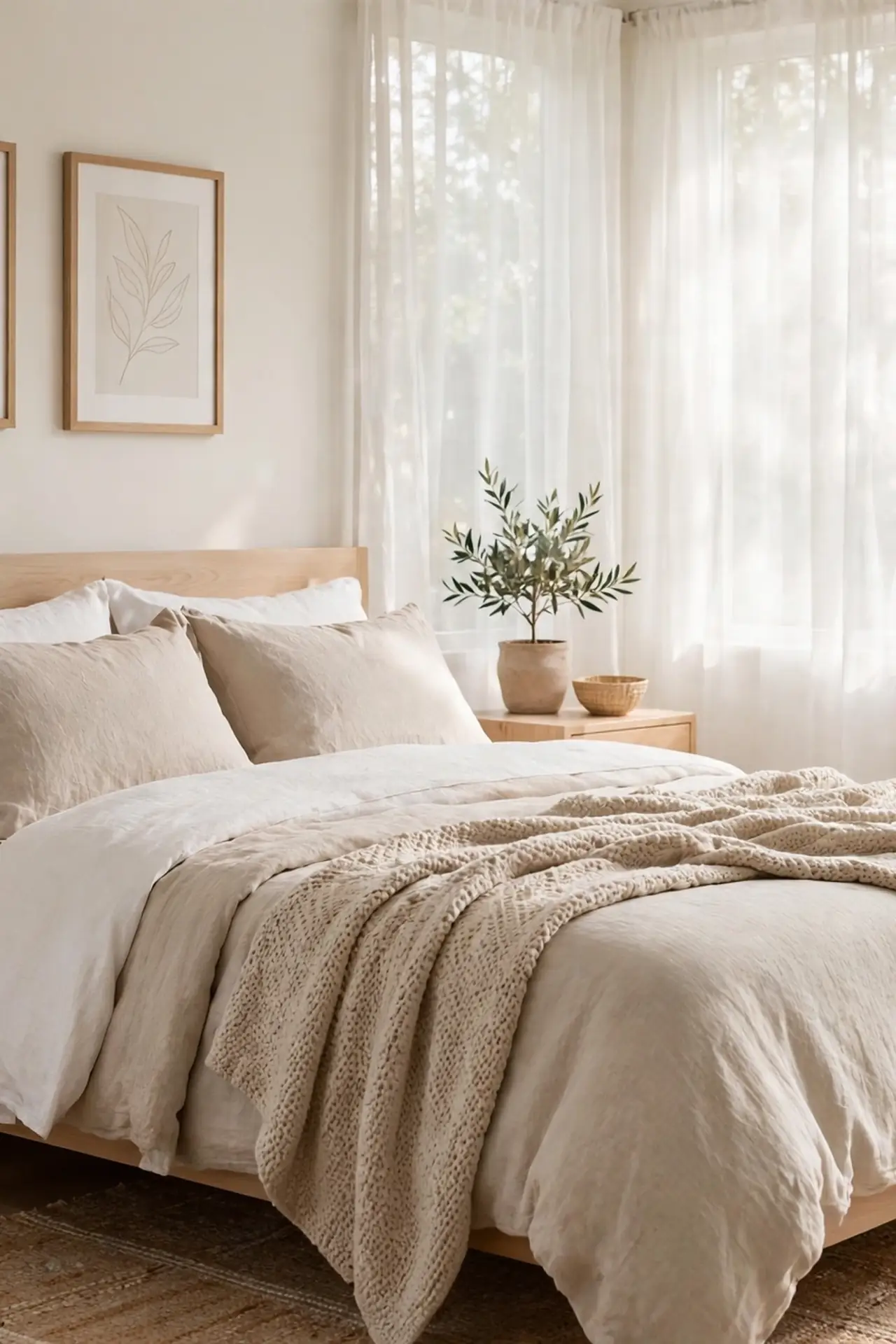 Neutral cozy guest bedroom ideas with layered bedding
