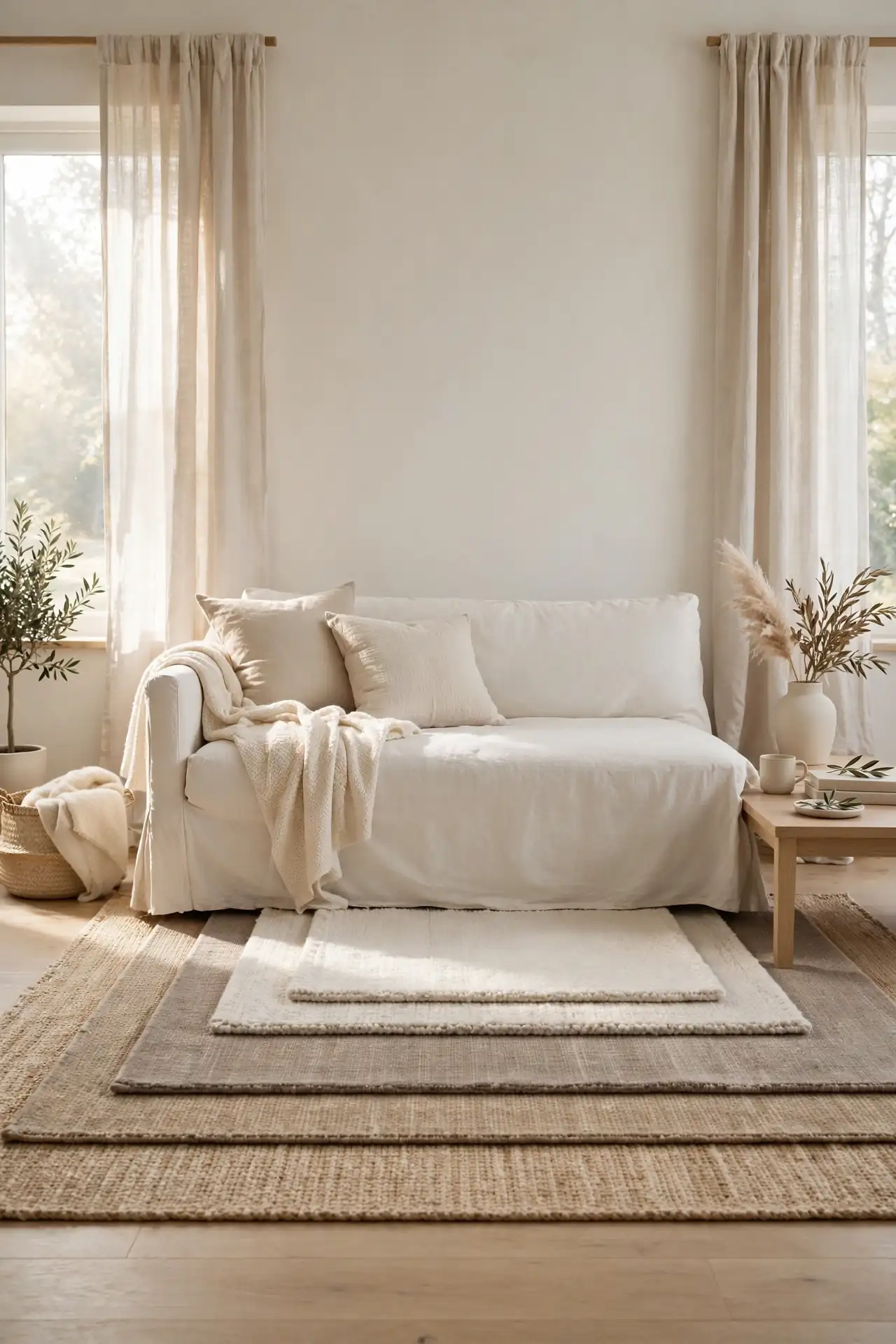 Neutral Tone Stack for cozy living room decor with layered rugs