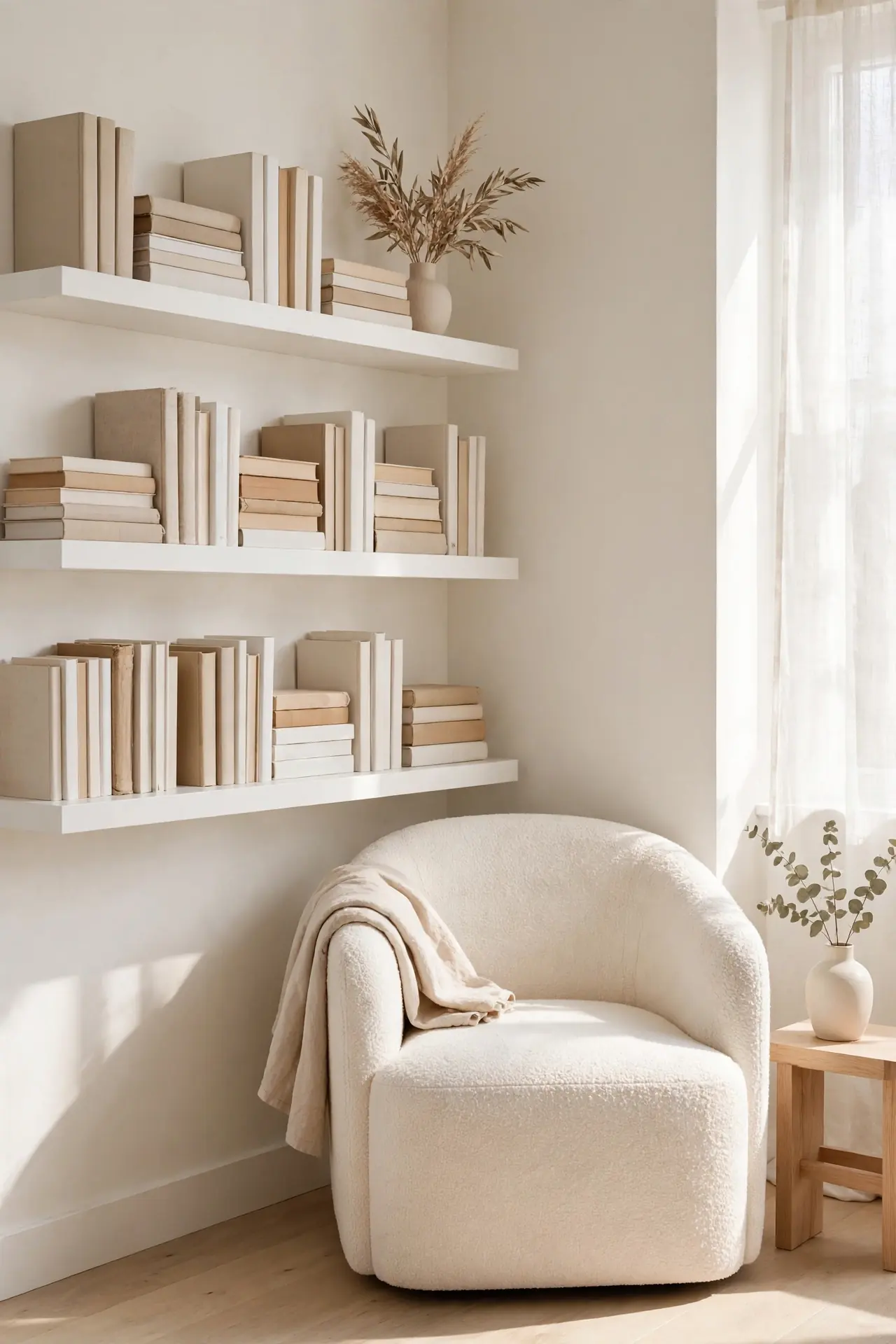Floating Shelf Library for cozy reading corner ideas in bedroom