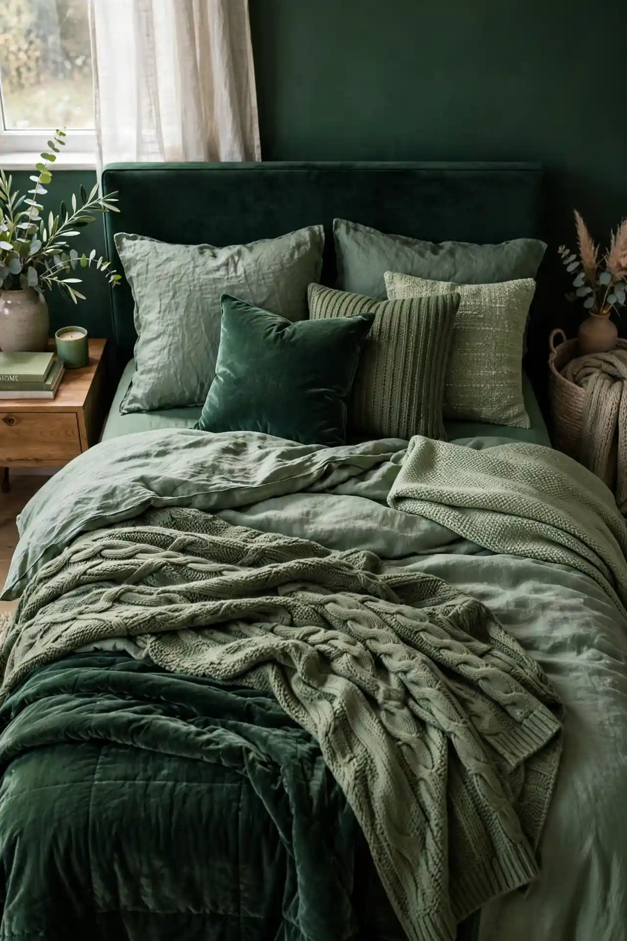 Layered Green Textiles - Dark Green Bedroom Decor Ideas