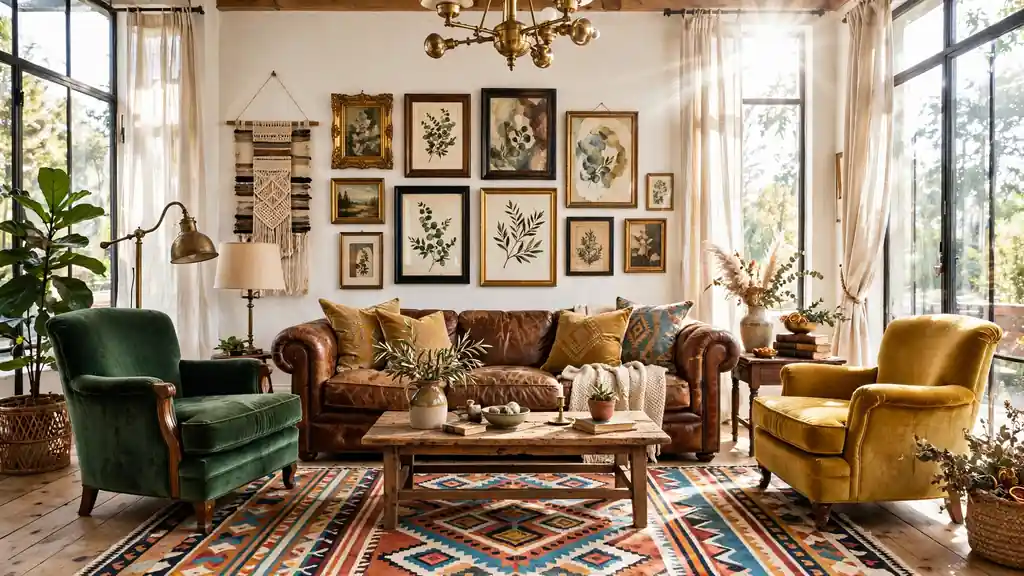 eclectic living room decor with vintage furniture