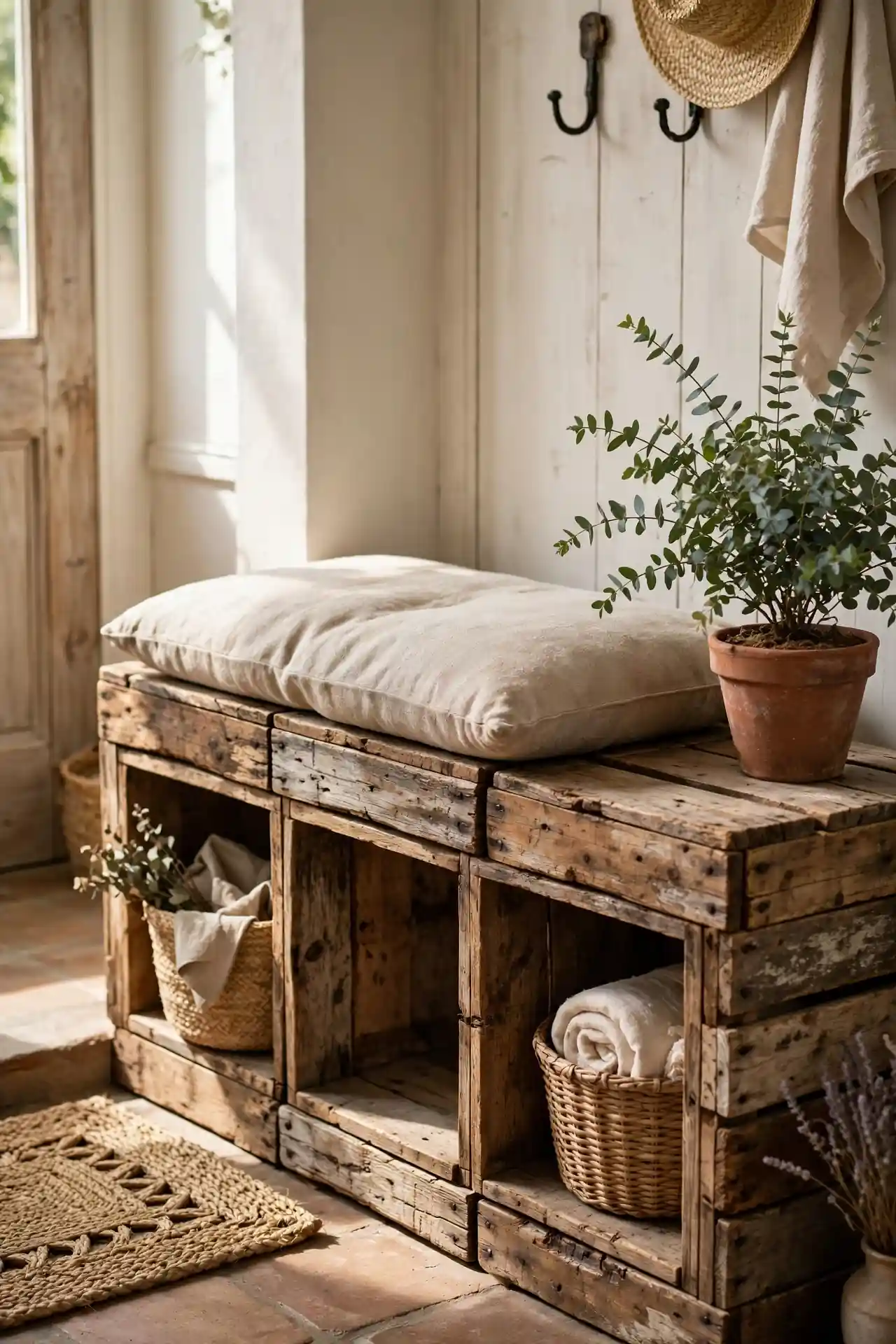 Rustic Wood Crate Bench for entryway bench decor ideas with storage