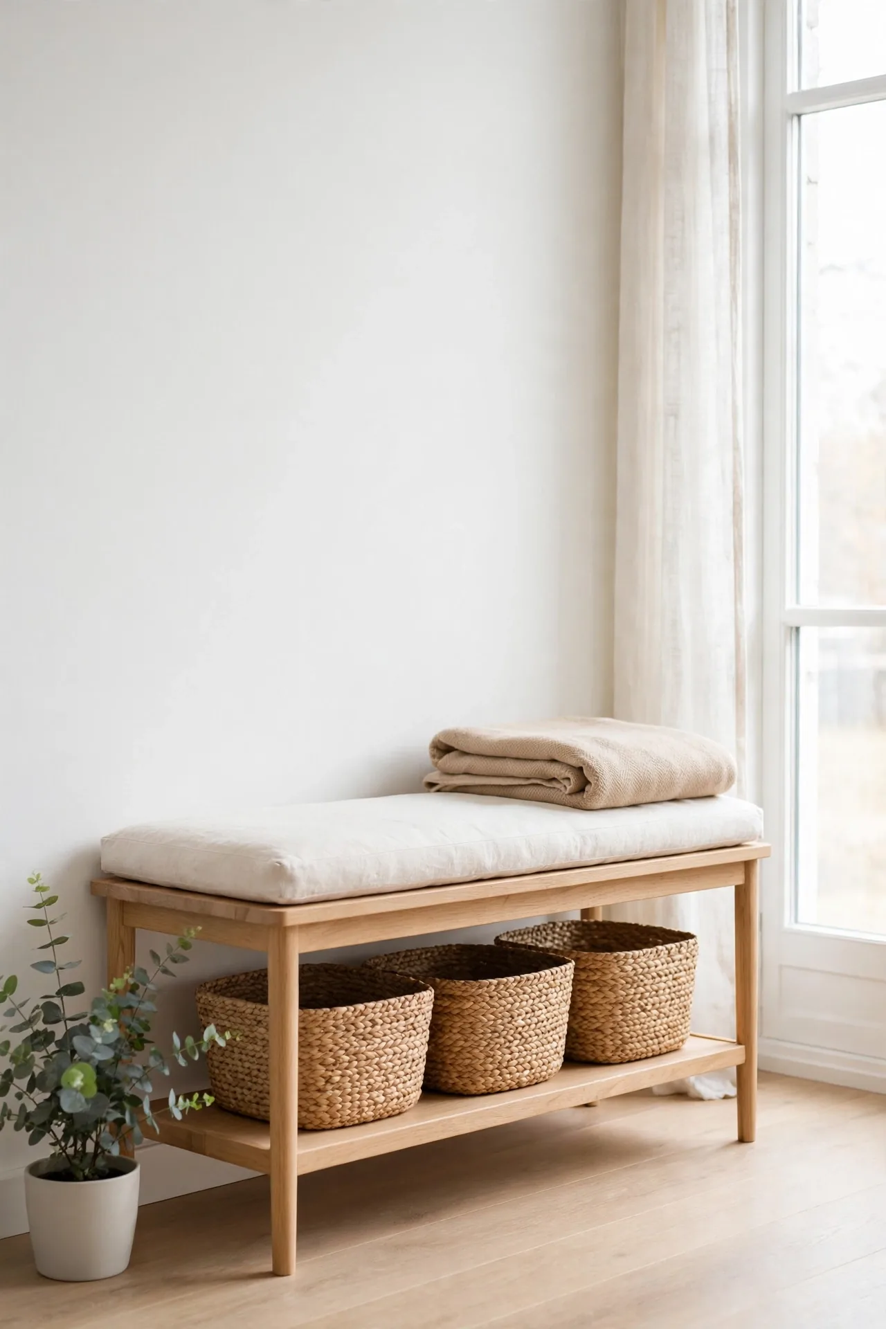 Woven Basket Bench for entryway bench decor ideas with storage