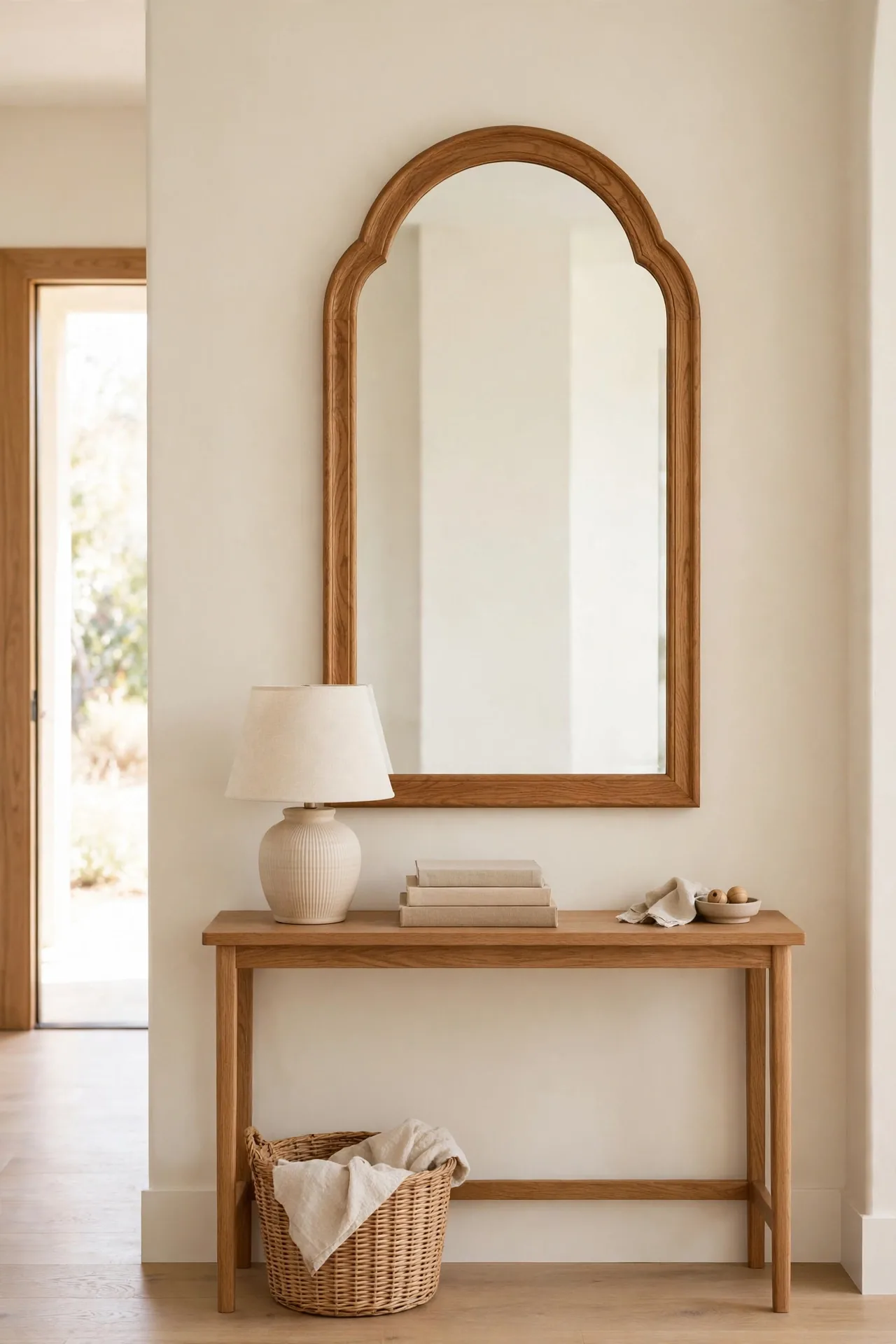 Arched Oak Frames for entryway mirror and console table decor