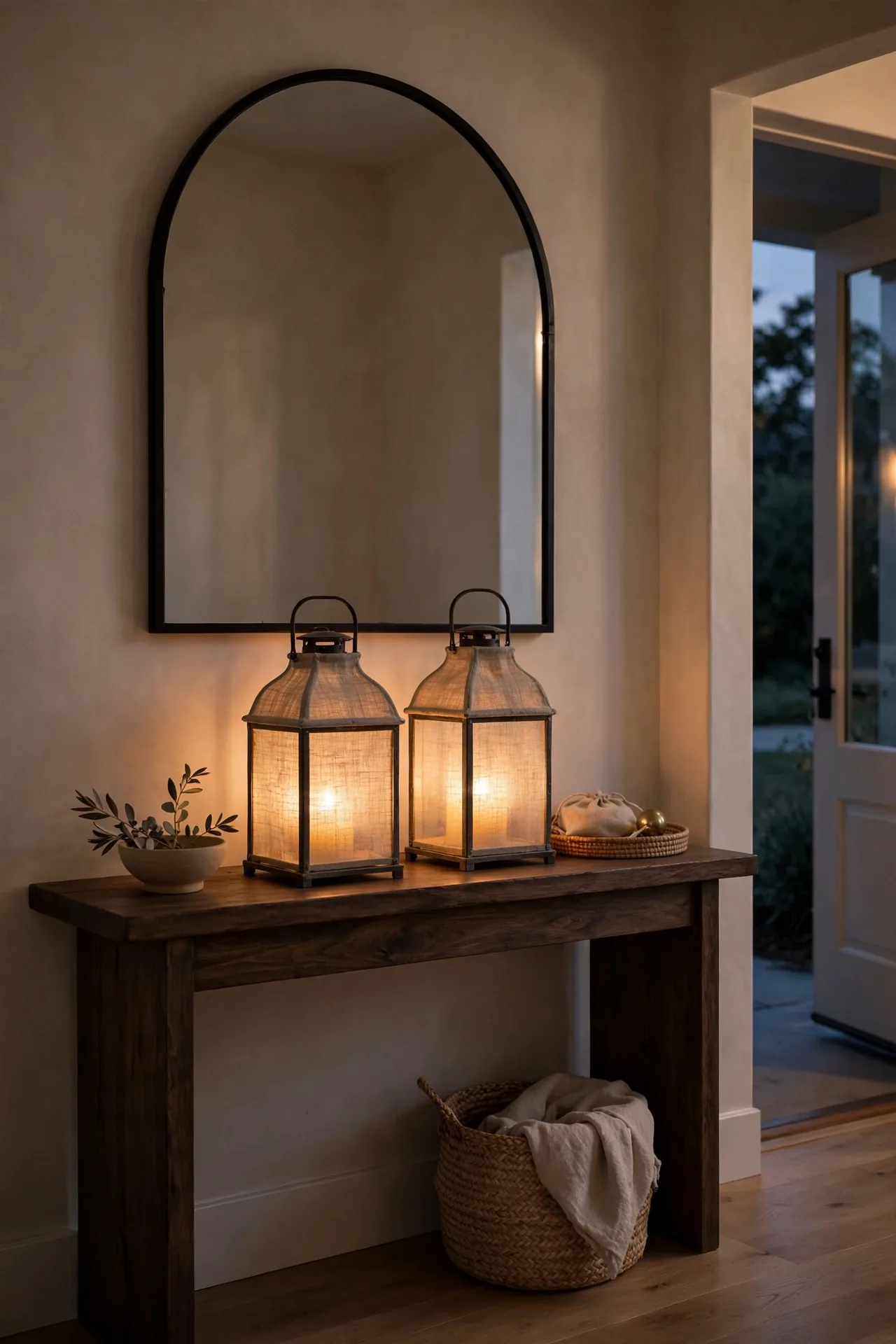Linen Shade Lanterns for entryway mirror and console table decor