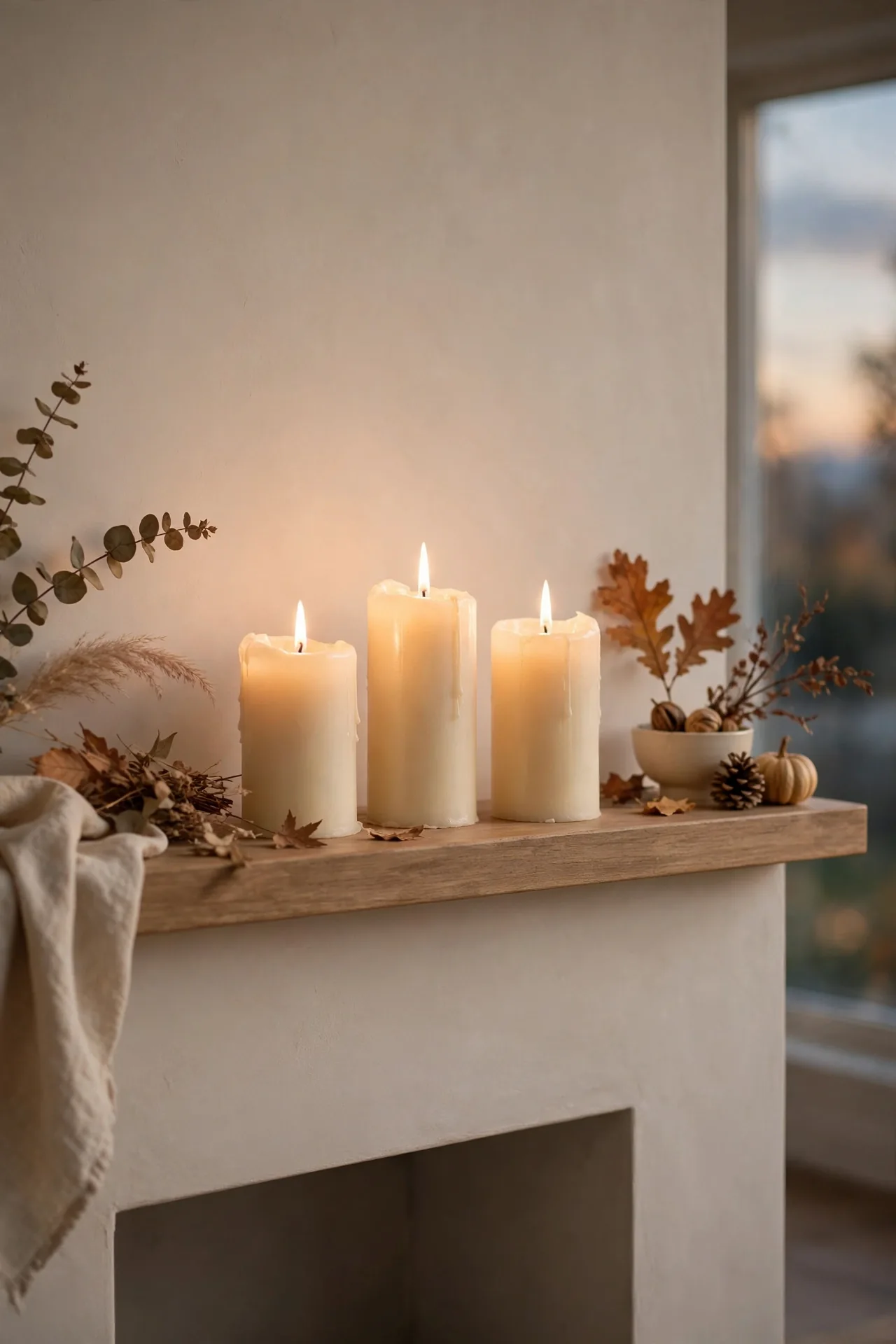 Candle Trio Glow - Fall Mantel Decor Ideas With Neutral Colors