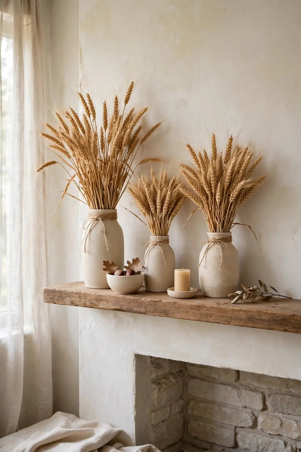 Dried Wheat Bundles for fall mantel decor ideas with neutral colors