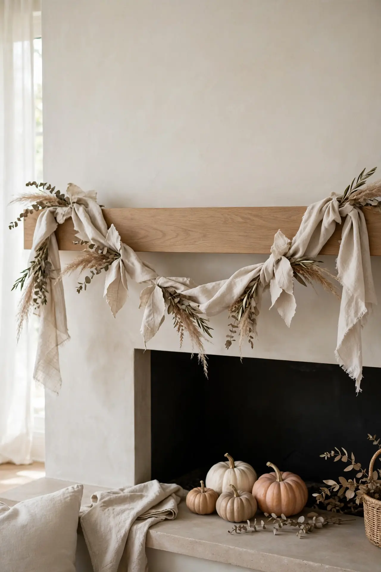 Linen Garland Drape with fall mantel decor ideas with neutral colors