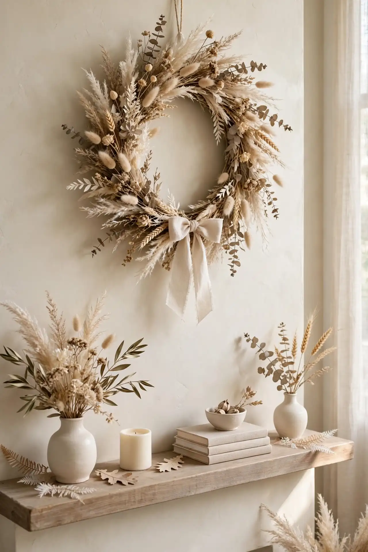 Neutral Wreath Focal - Fall Mantel Decor Ideas With Neutral Colors