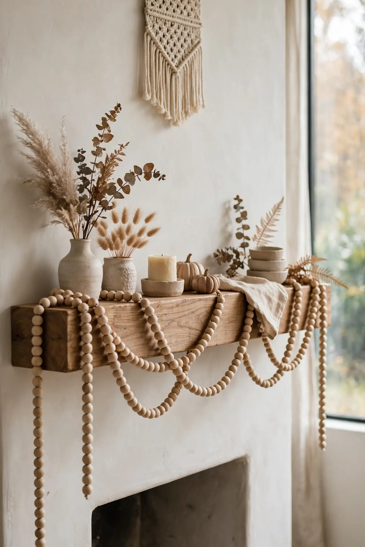 Wooden Bead Strands - Fall Mantel Decor Ideas With Neutral Colors