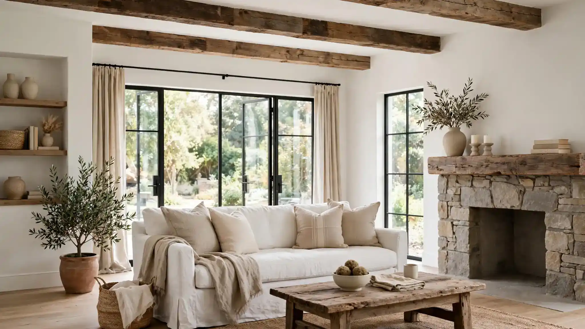 farmhouse living room decor with neutral colors
