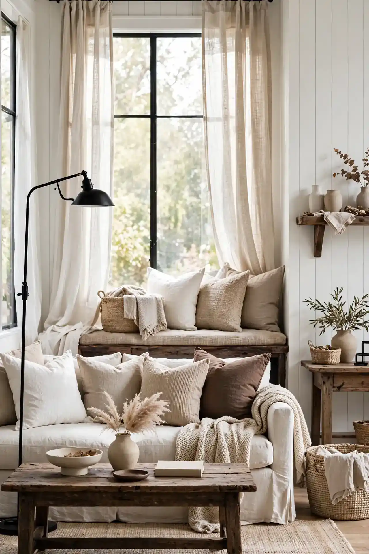 farmhouse living room decor with neutral colors