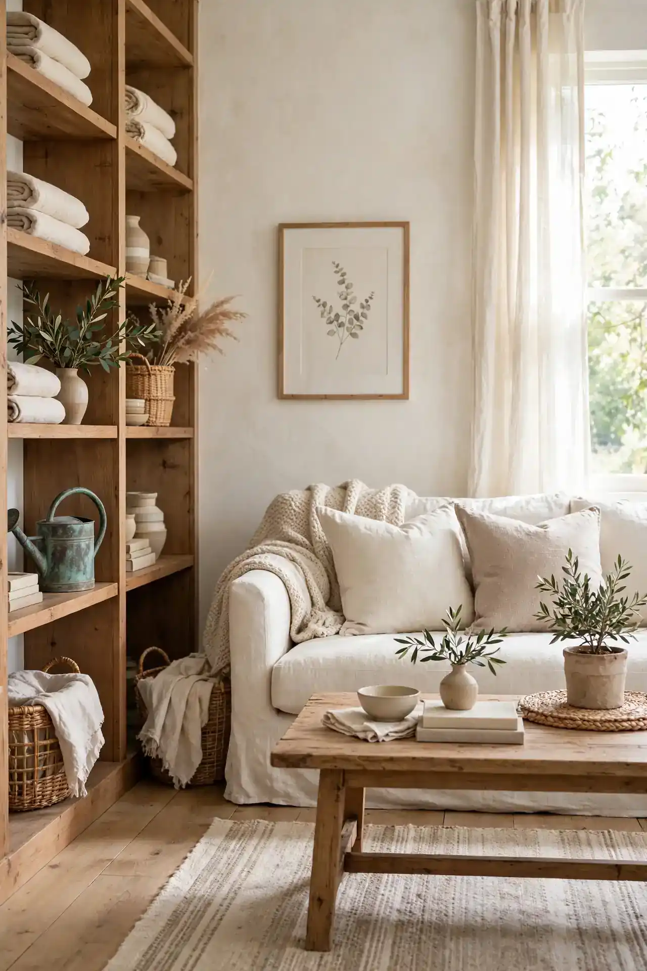 farmhouse living room decor with neutral colors