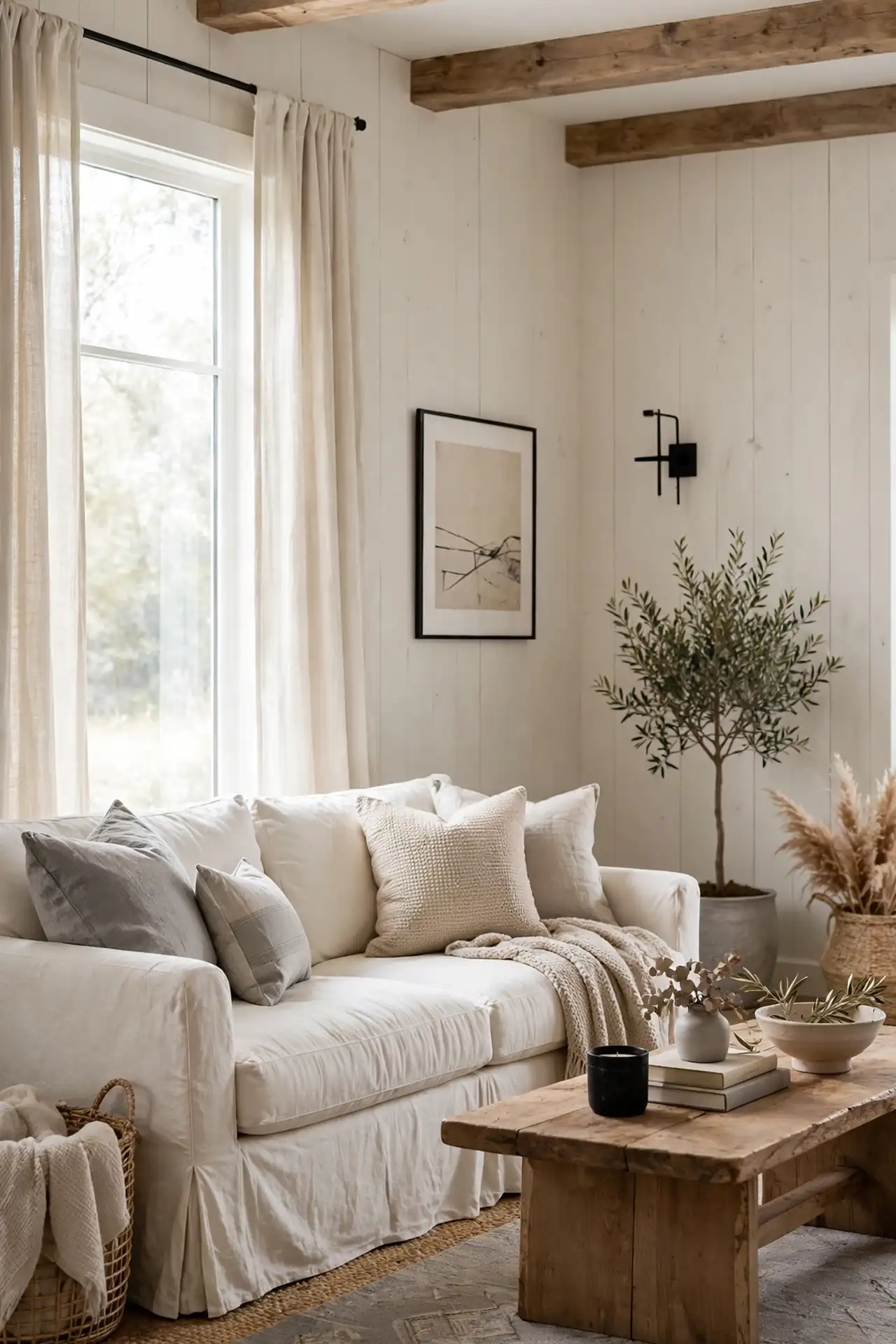 farmhouse living room decor with neutral colors